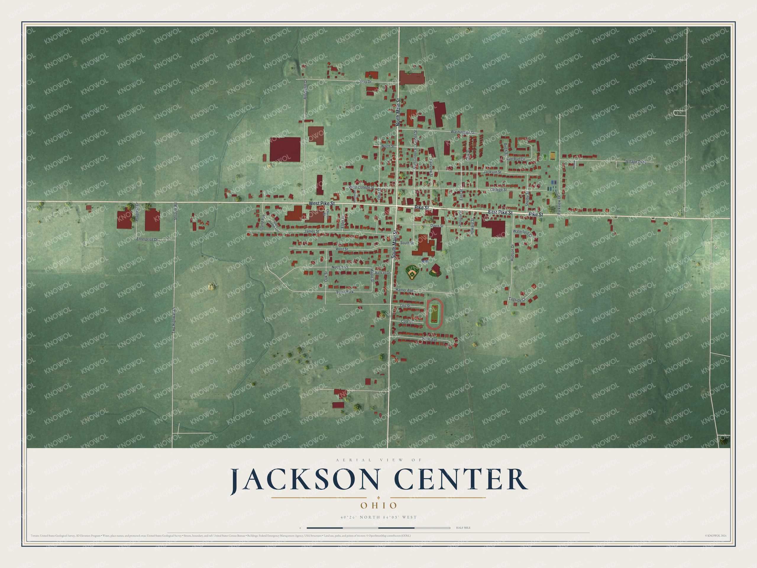 Full map of Jackson Center, Ohio, with red buildings, printed street names and the land around them