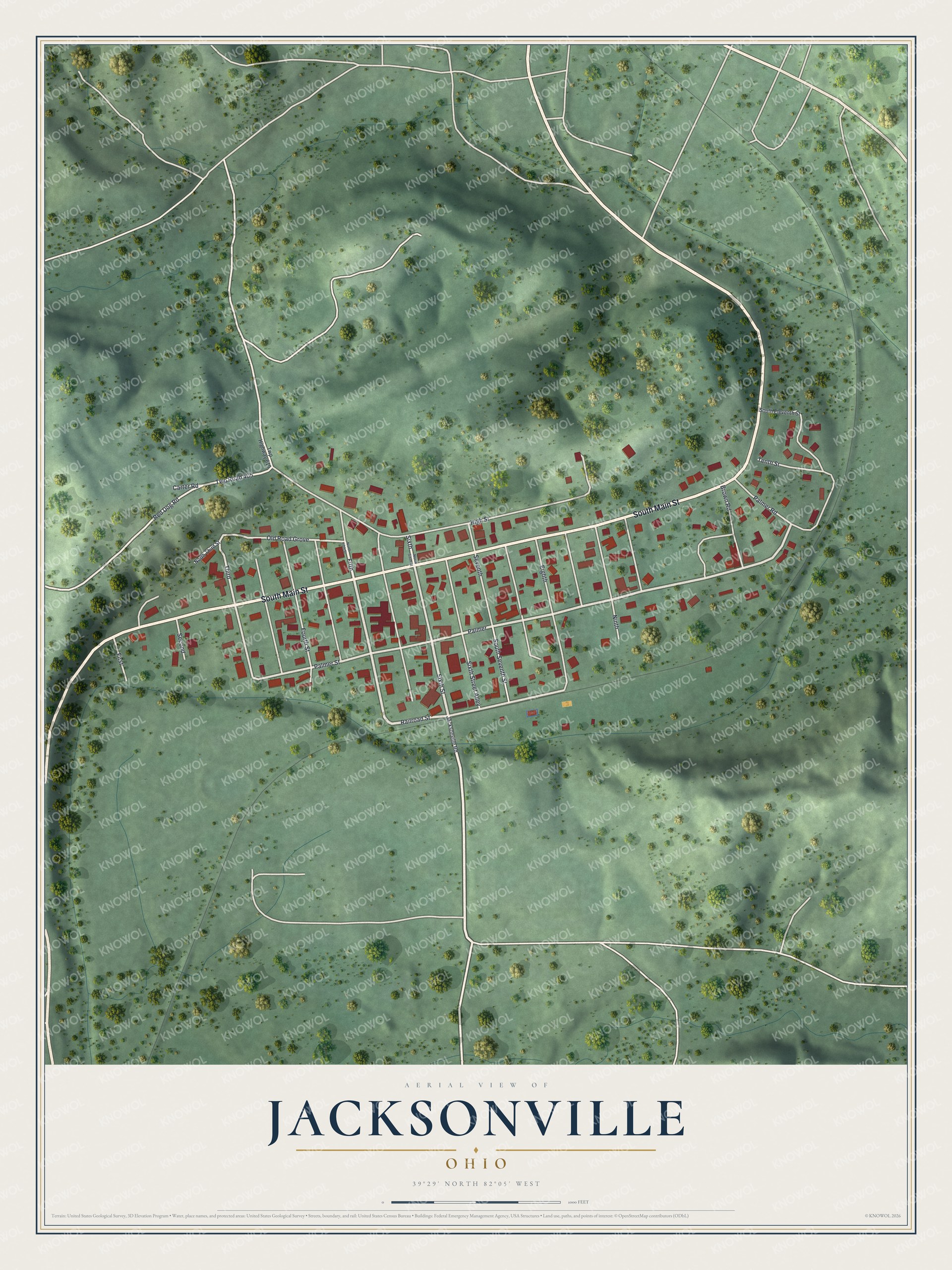 Full map of Jacksonville, Ohio, with red buildings, printed street names and the land around them