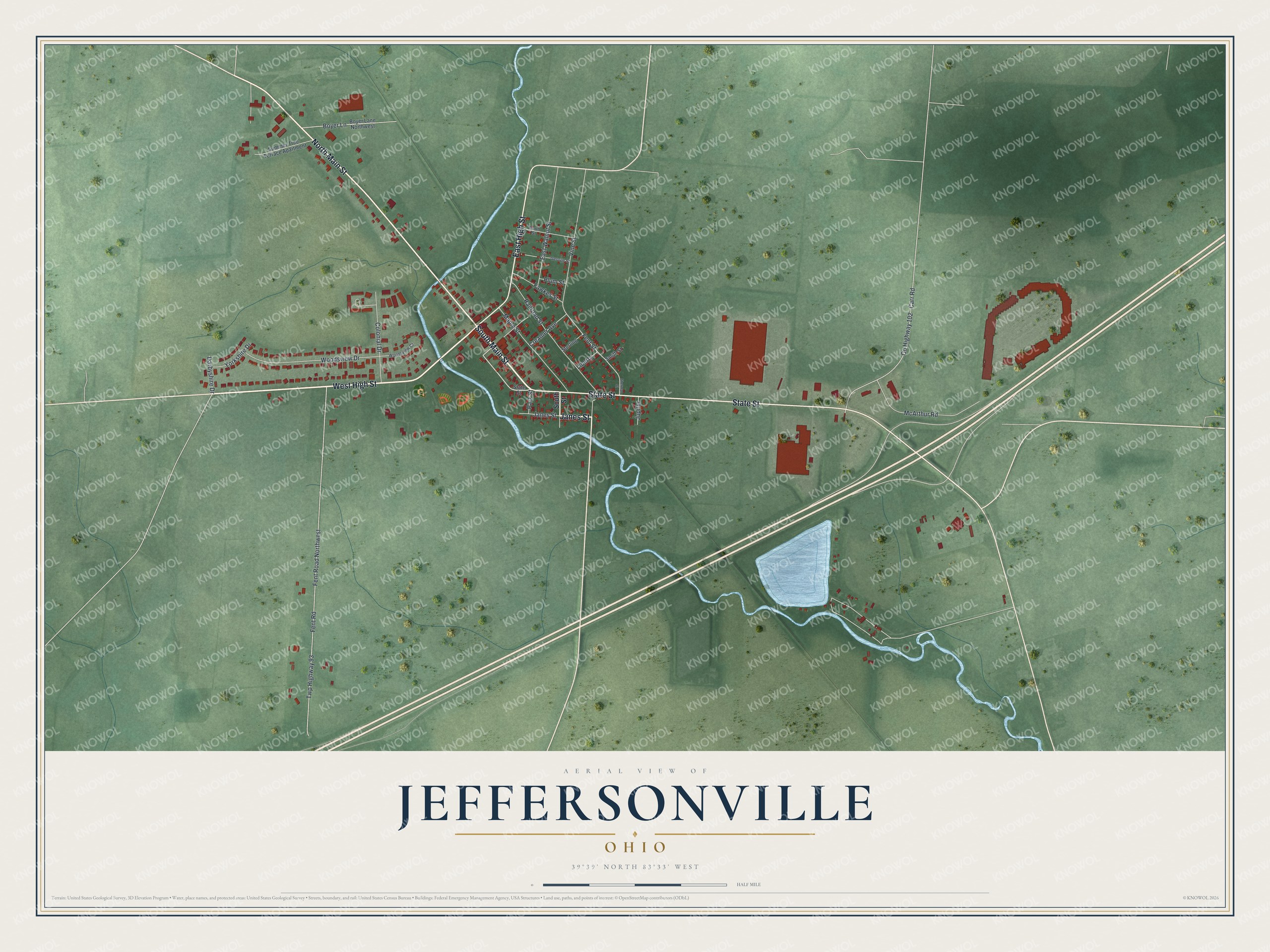 Full map of Jeffersonville, Ohio, with red buildings, printed street names and the land around them