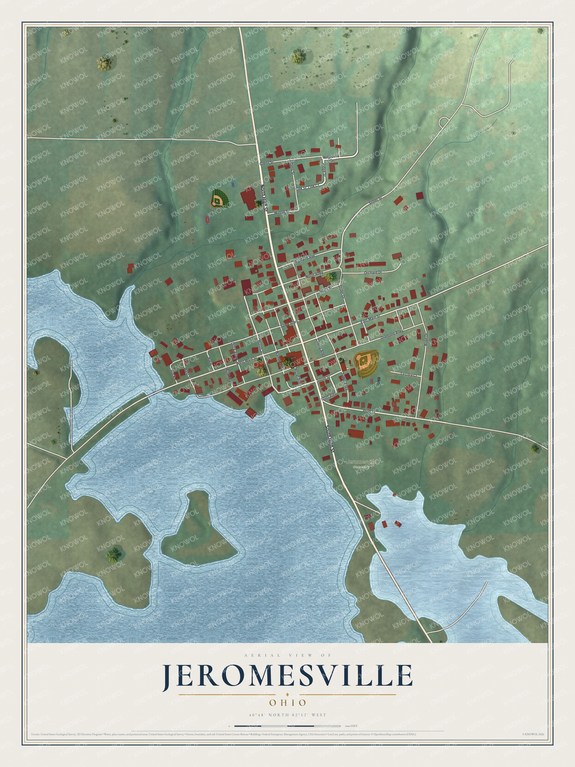 Full map of Jeromesville, Ohio, with red buildings, printed street names and the land around them