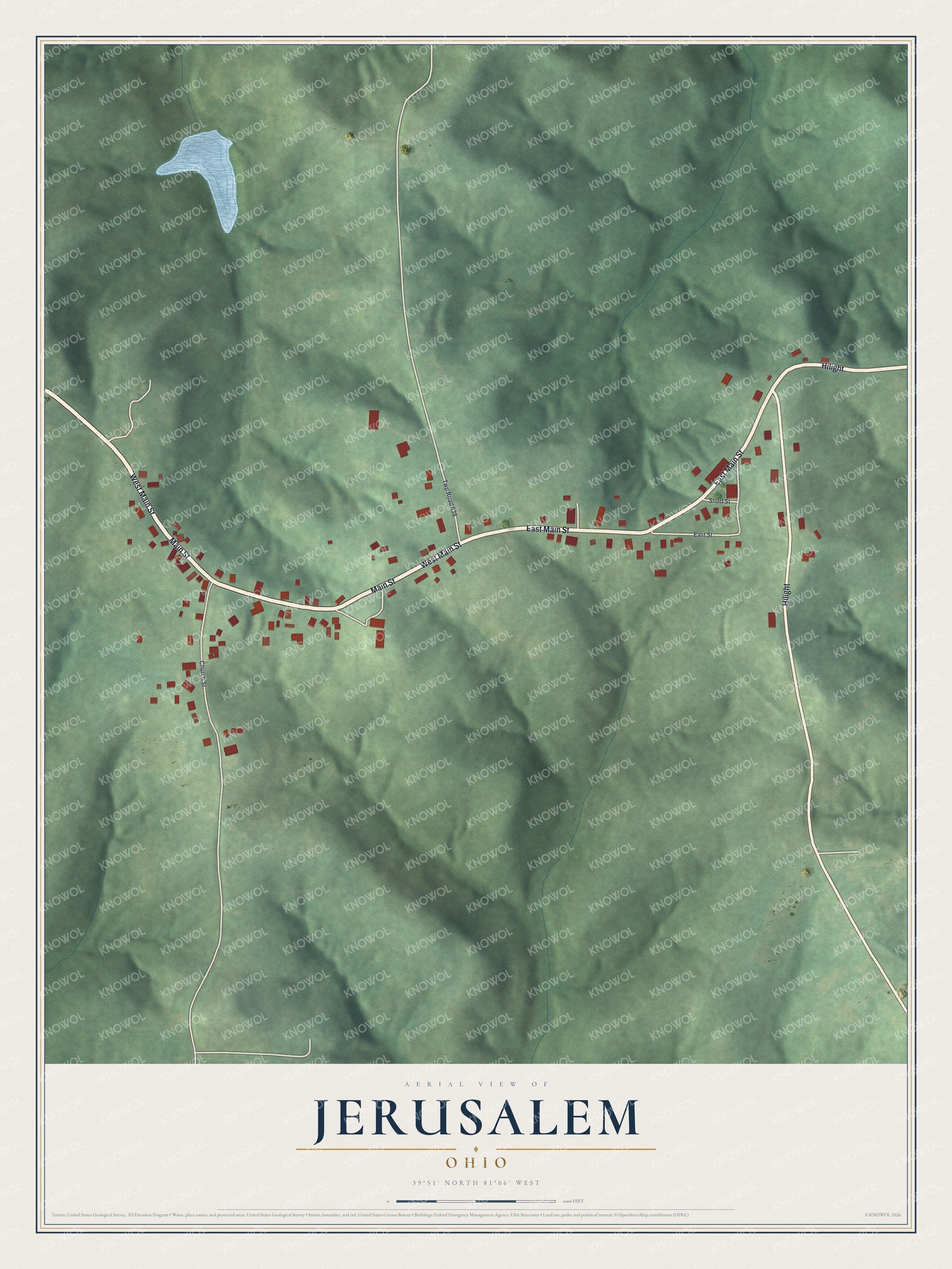 Full map of Jerusalem, Ohio, with red buildings, printed street names and the land around them