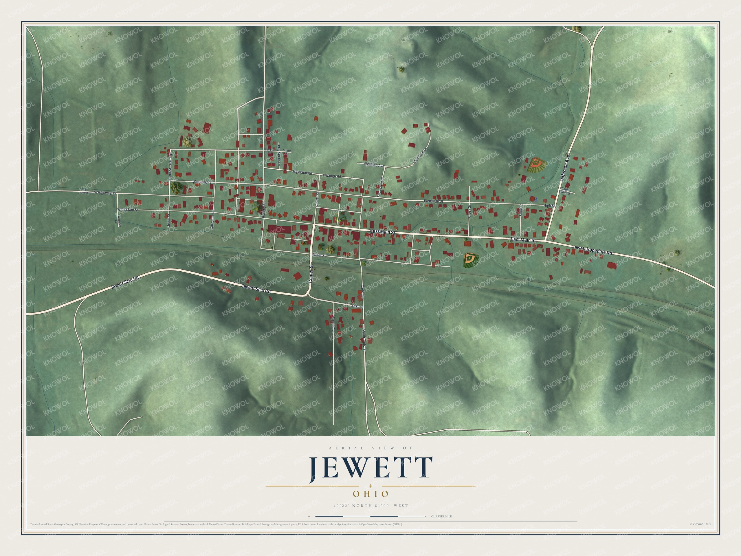 Full map of Jewett, Ohio, with red buildings, printed street names and the land around them