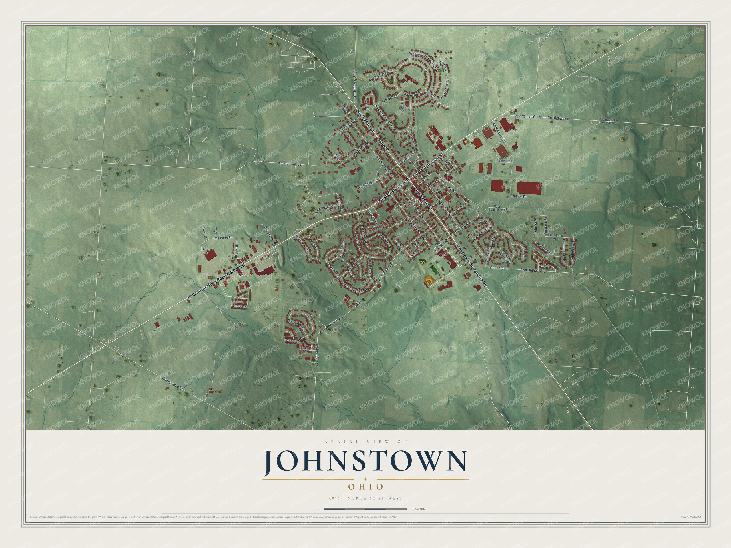 Full map of Johnstown, Ohio, with red buildings, printed street names and the land around them