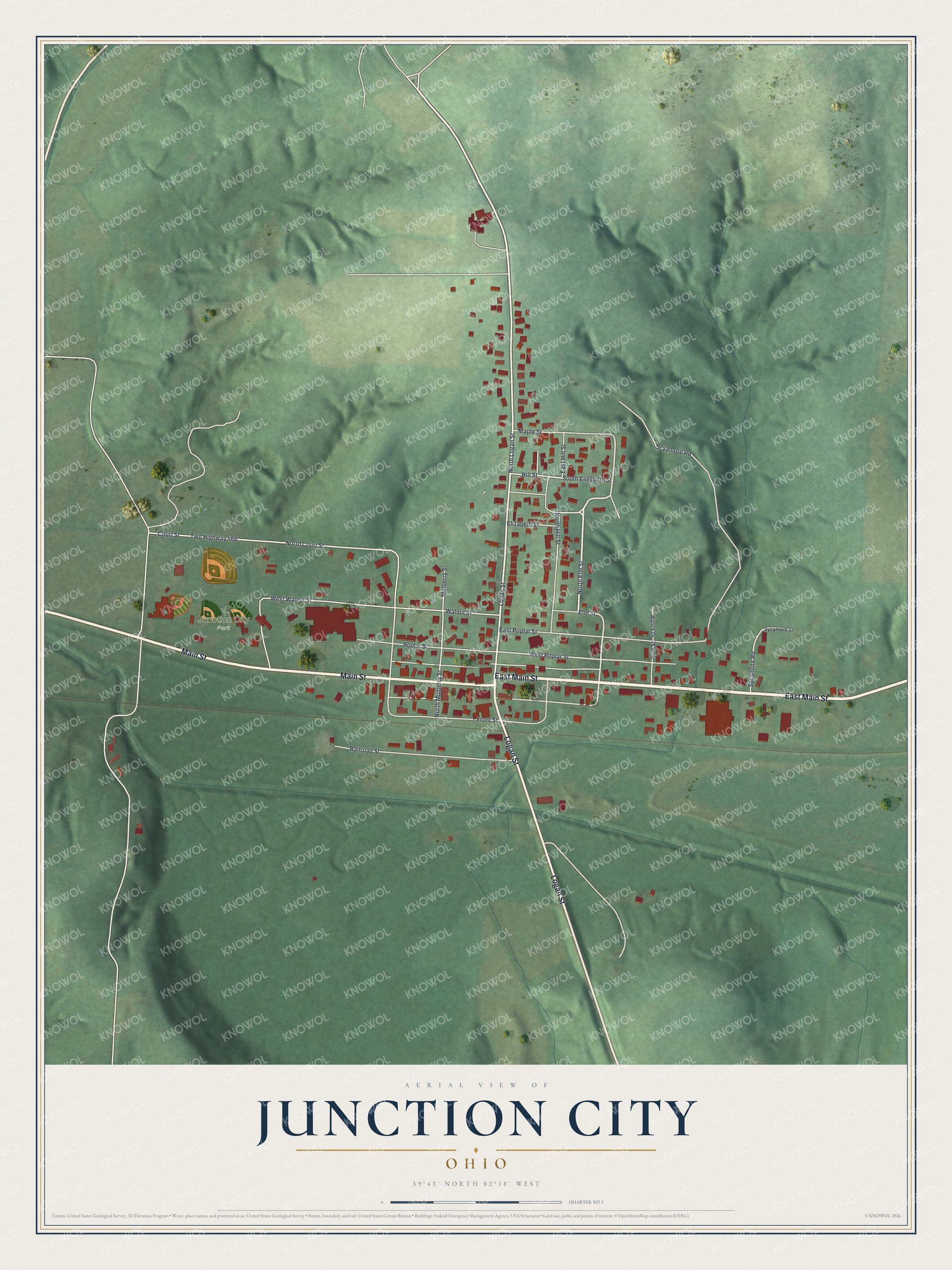 Full map of Junction City, Ohio, with red buildings, printed street names and the land around them