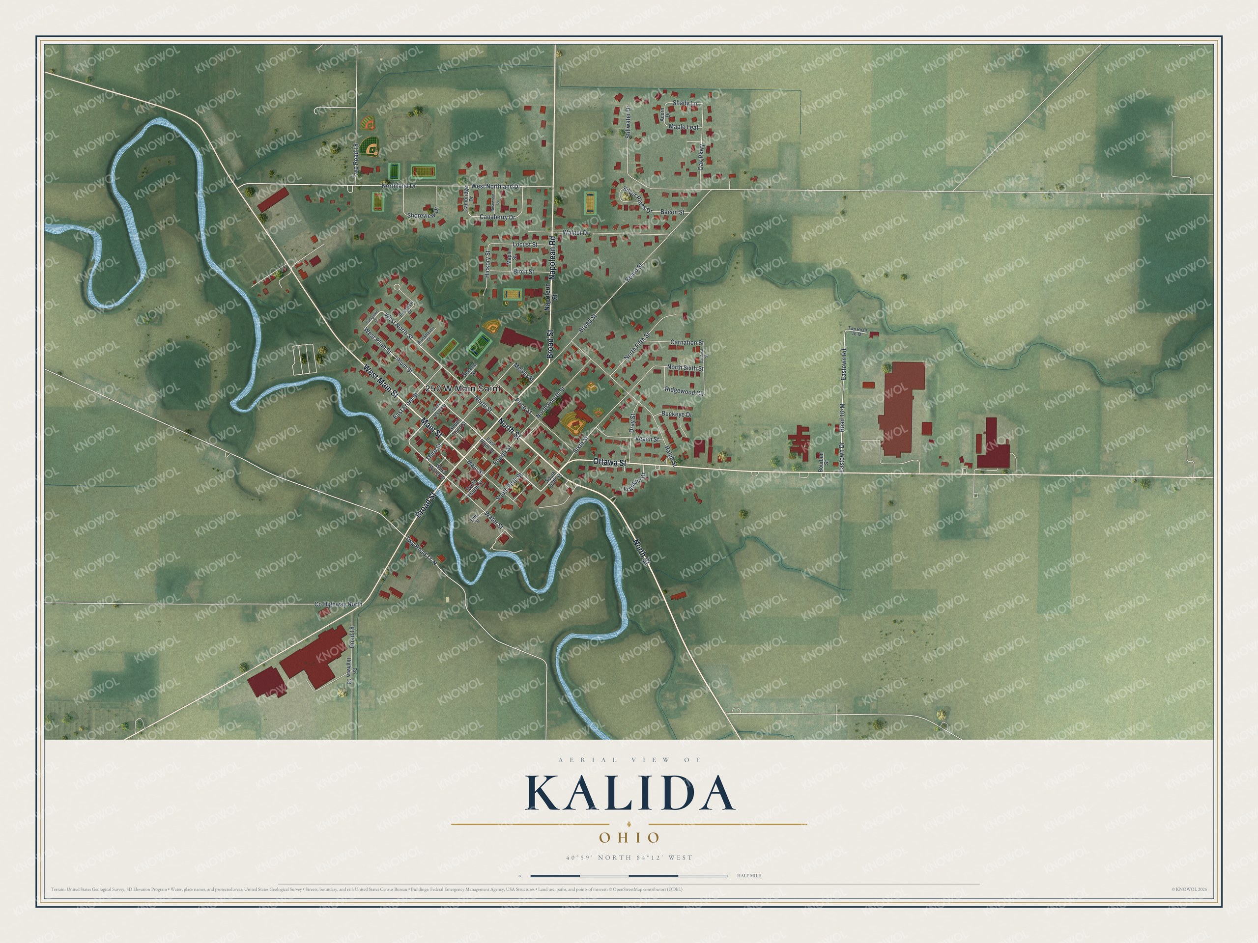 Aerial map of Kalida, Ohio, with red buildings, green farm fields and a winding blue river on the west side