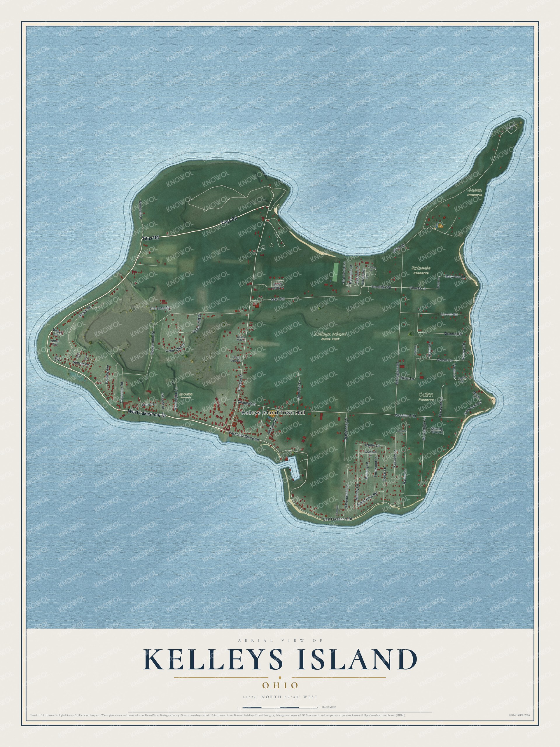Aerial style map of Kelleys Island, Ohio, with green woods in the middle, red buildings along the south shore and blue lake water all around