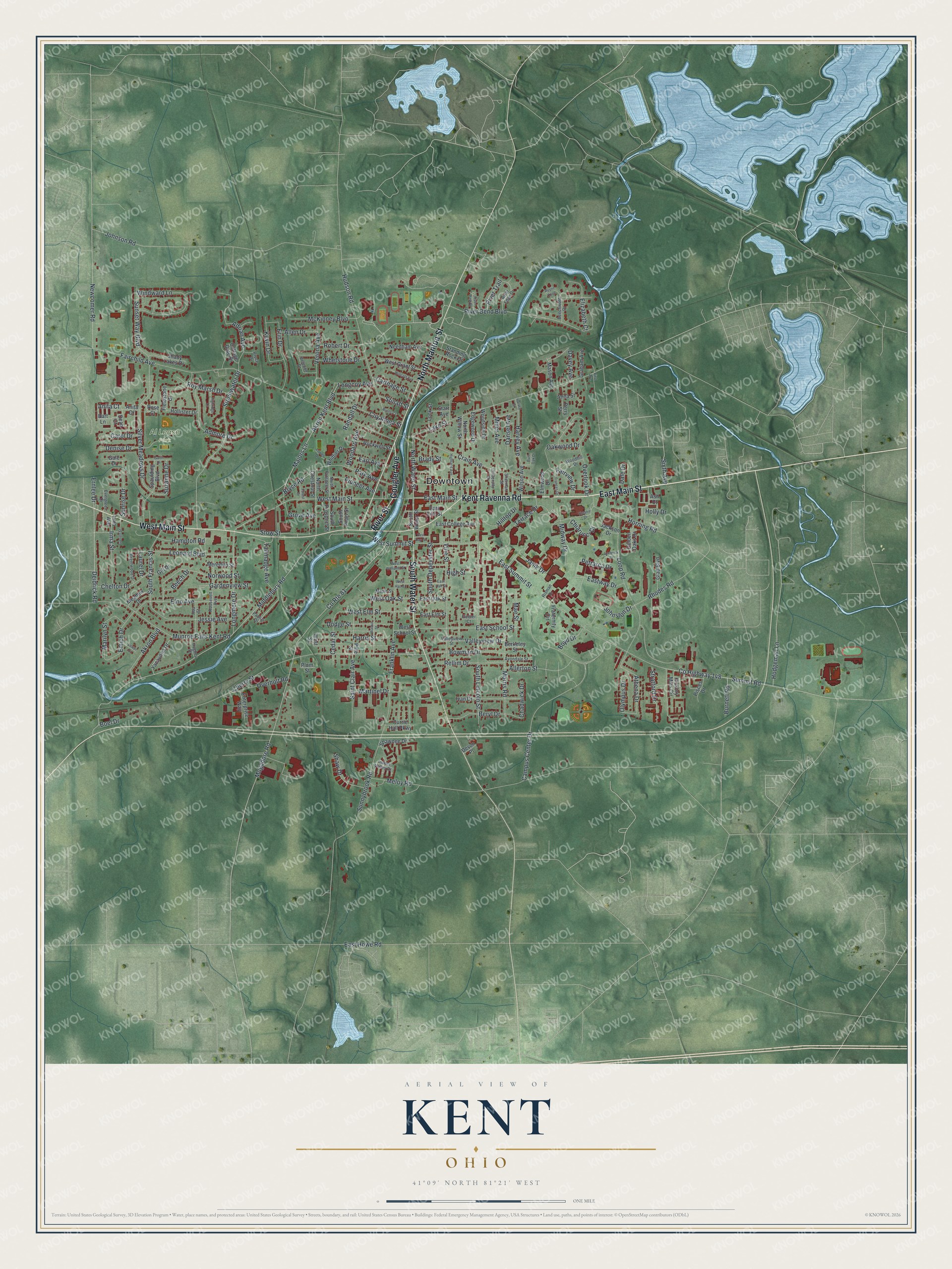 Aerial style map of Kent, Ohio with red buildings, a winding blue river through Downtown and lakes in the upper right corner