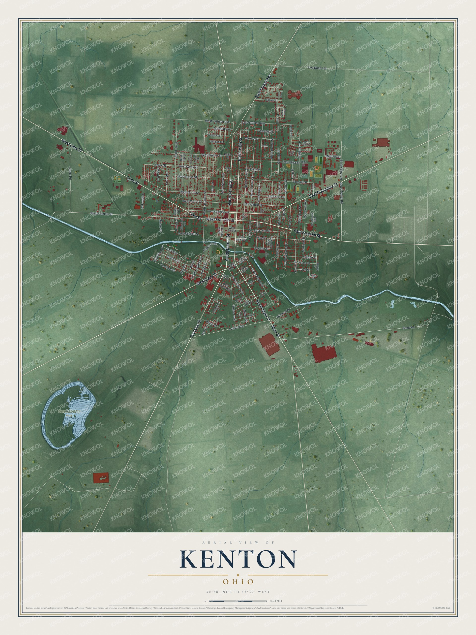 Aerial style map of Kenton, Ohio with red buildings, green farm fields, a pale blue river and Saulisberry Park at lower left