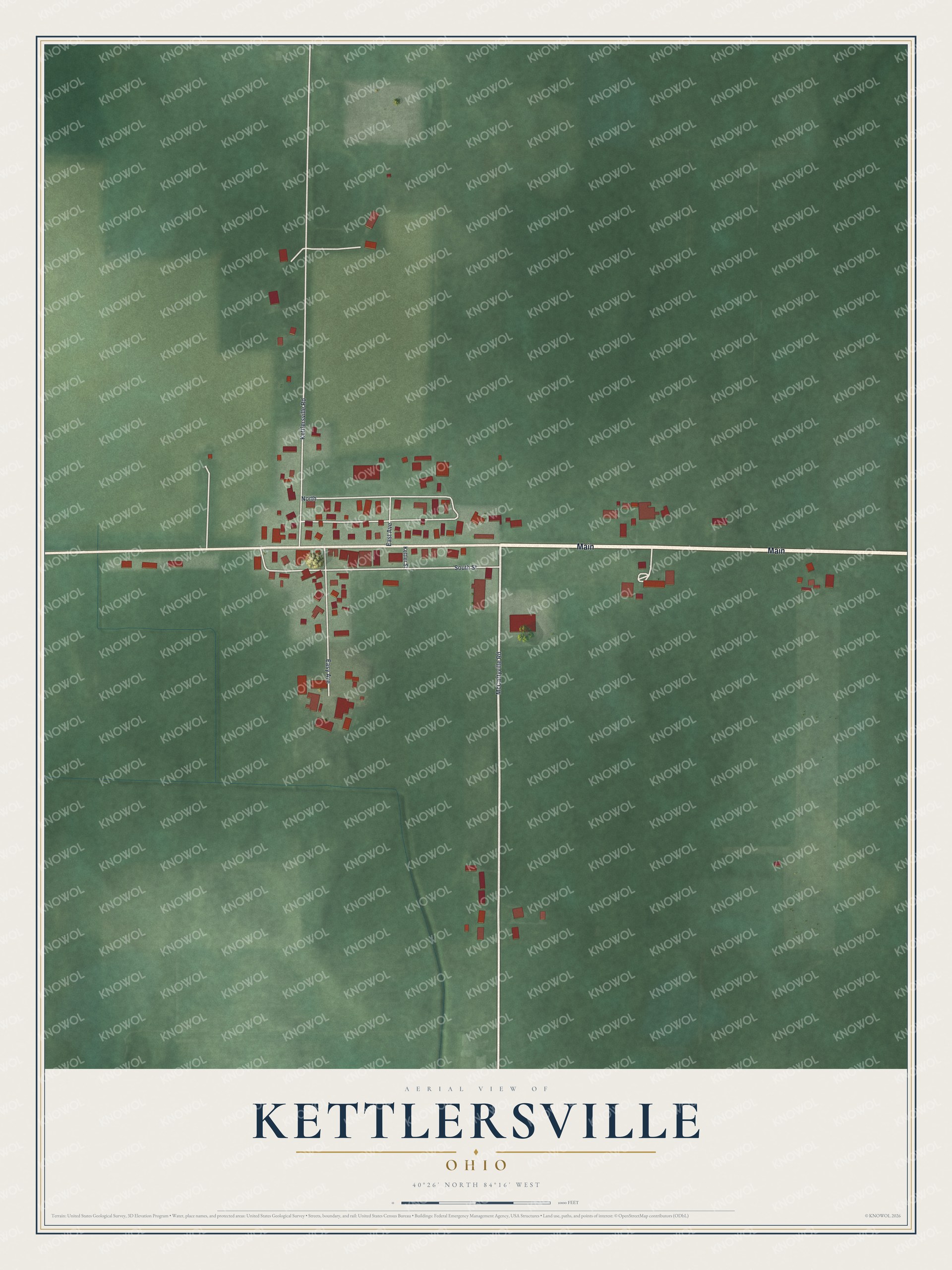 Full map of Kettlersville, Ohio, with red buildings, printed street names and the land around them
