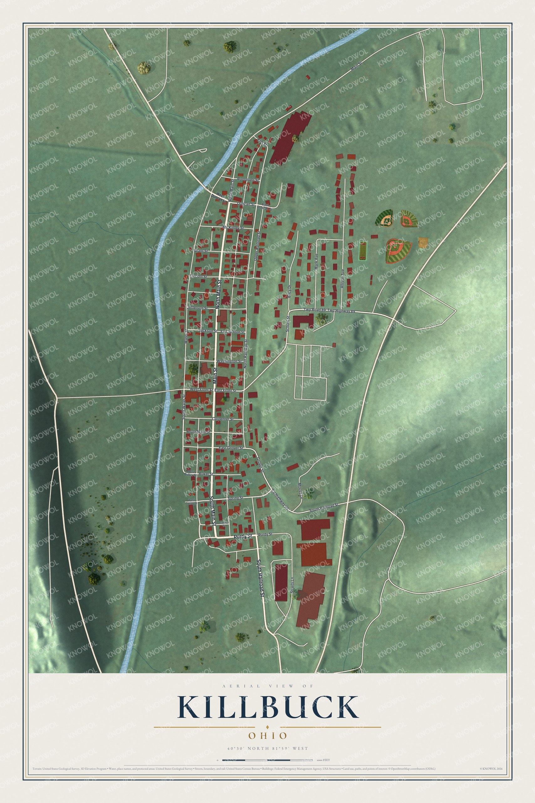 Full map of Killbuck, Ohio, with red buildings, printed street names and the land around them