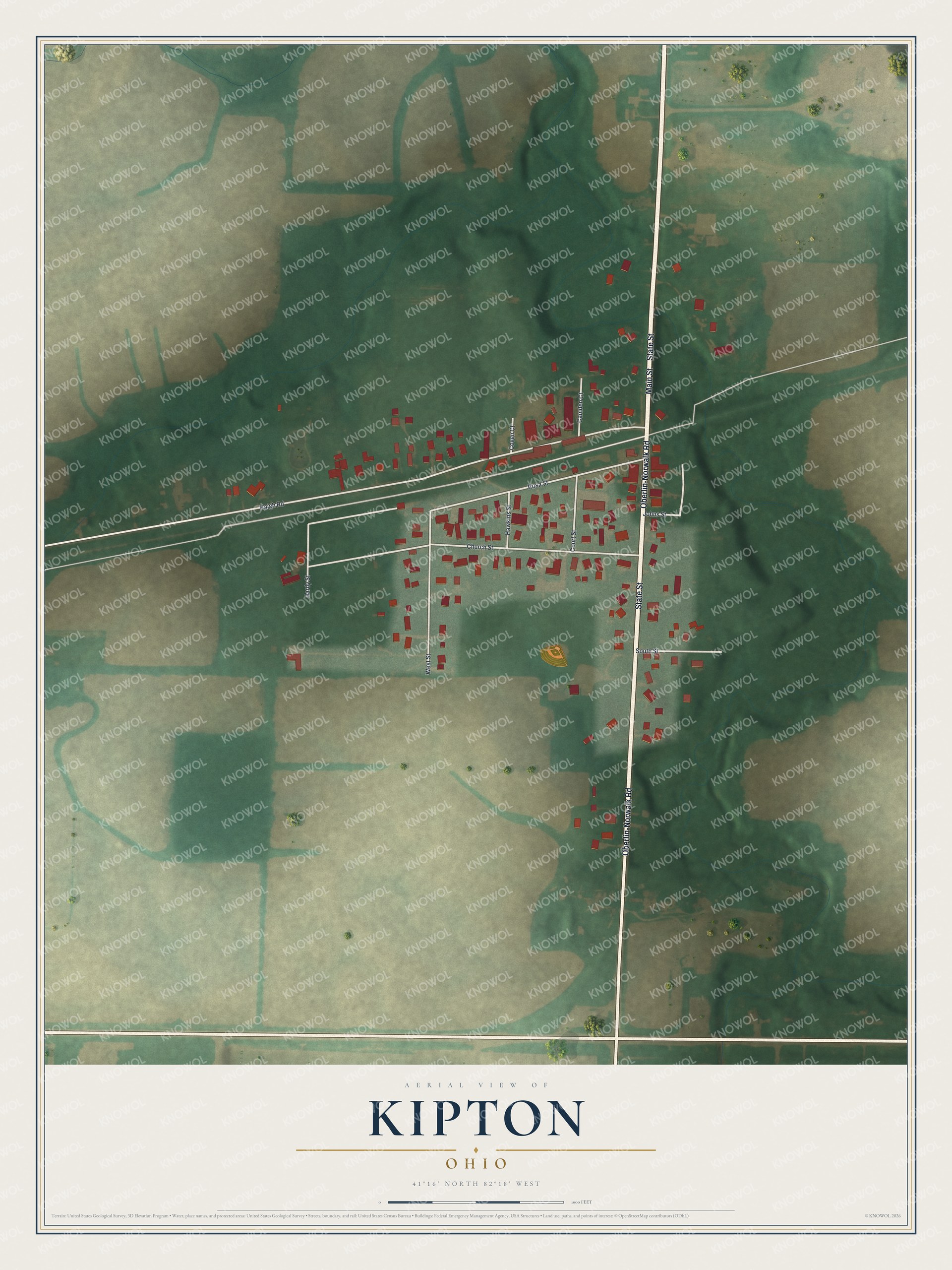 Full map of Kipton, Ohio, with red buildings, printed street names and the land around them