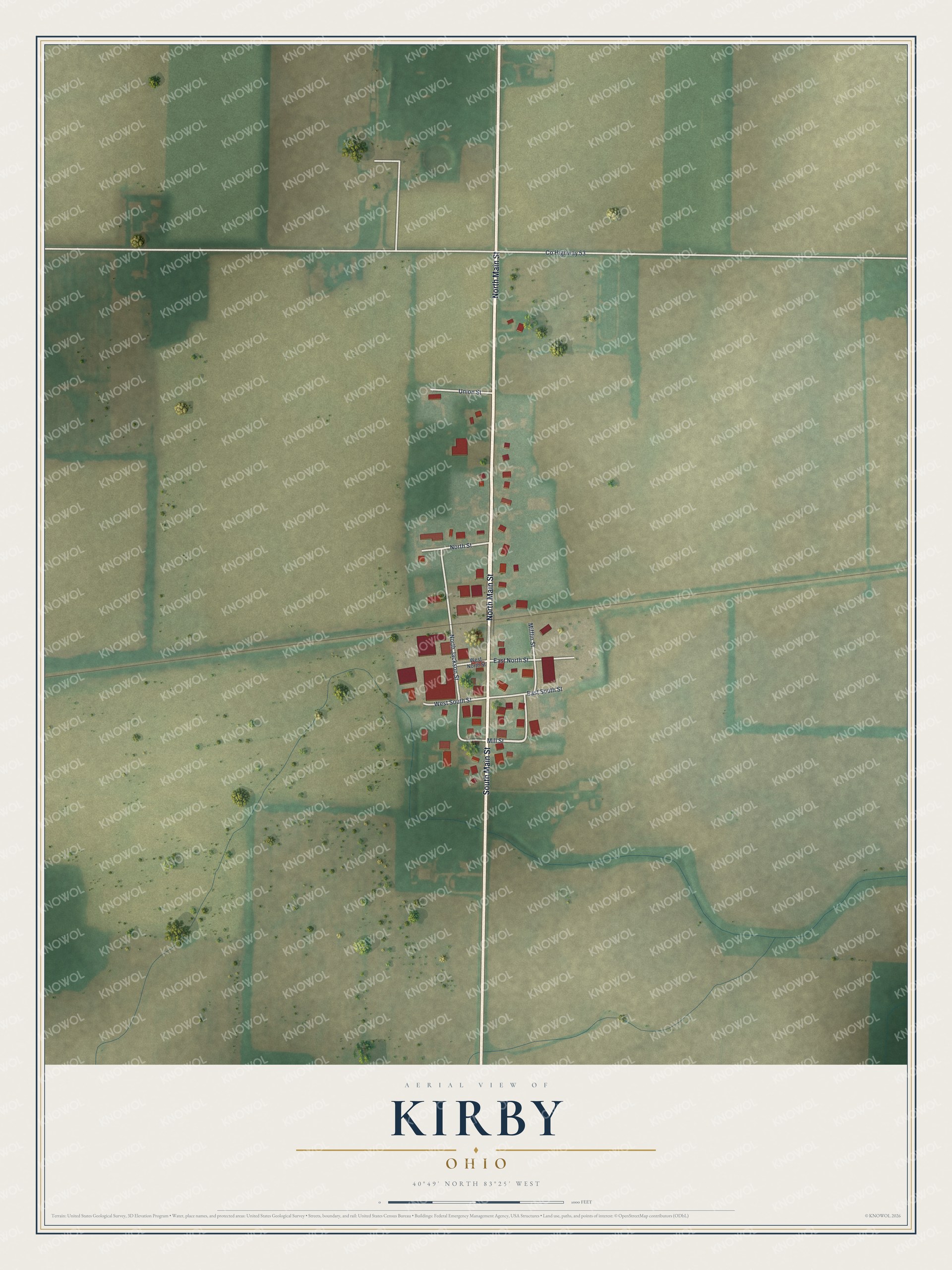 Full map of Kirby, Ohio, with red buildings, printed street names and the land around them