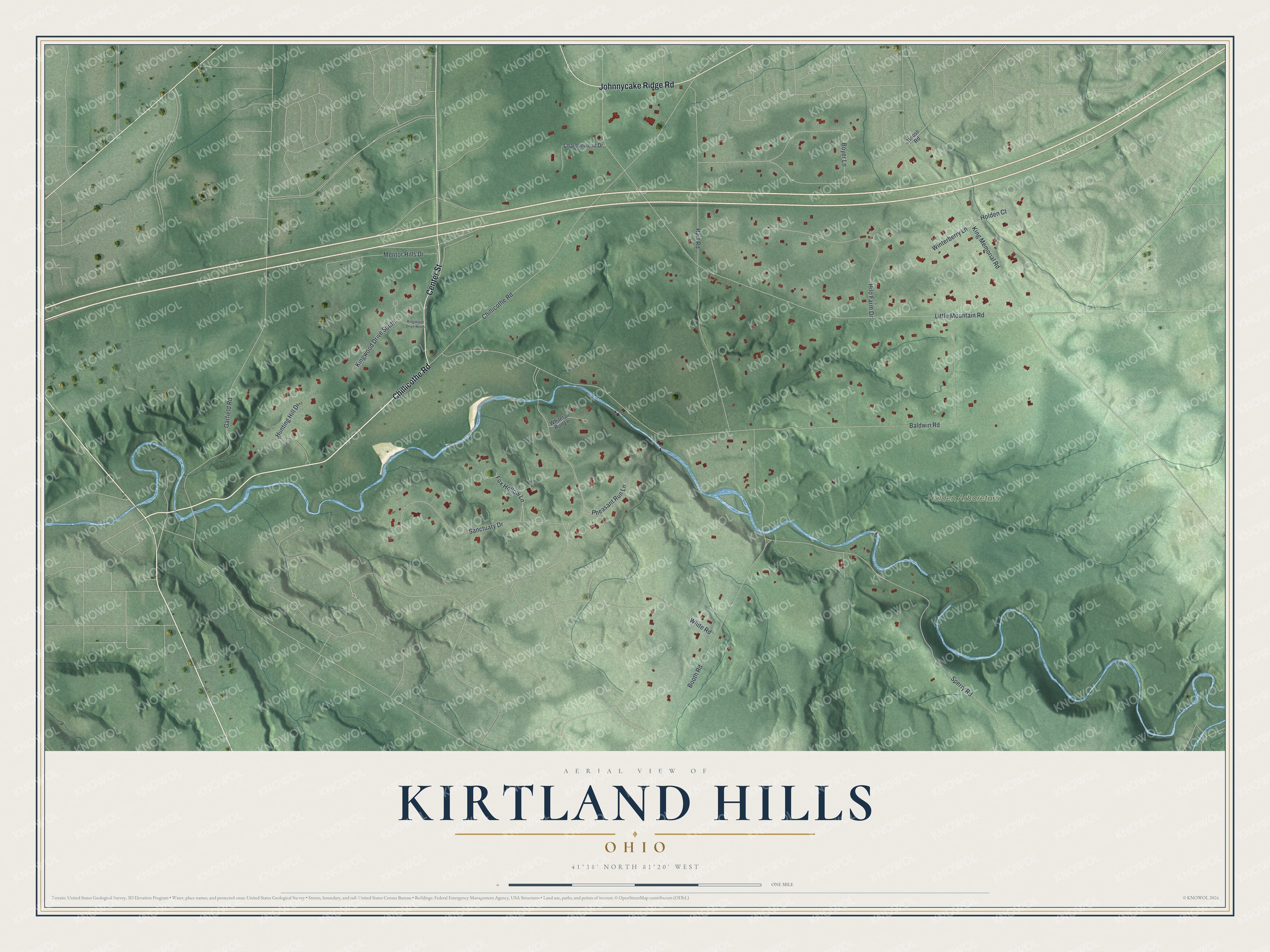 Full map of Kirtland Hills, Ohio, with red buildings, printed street names and the land around them
