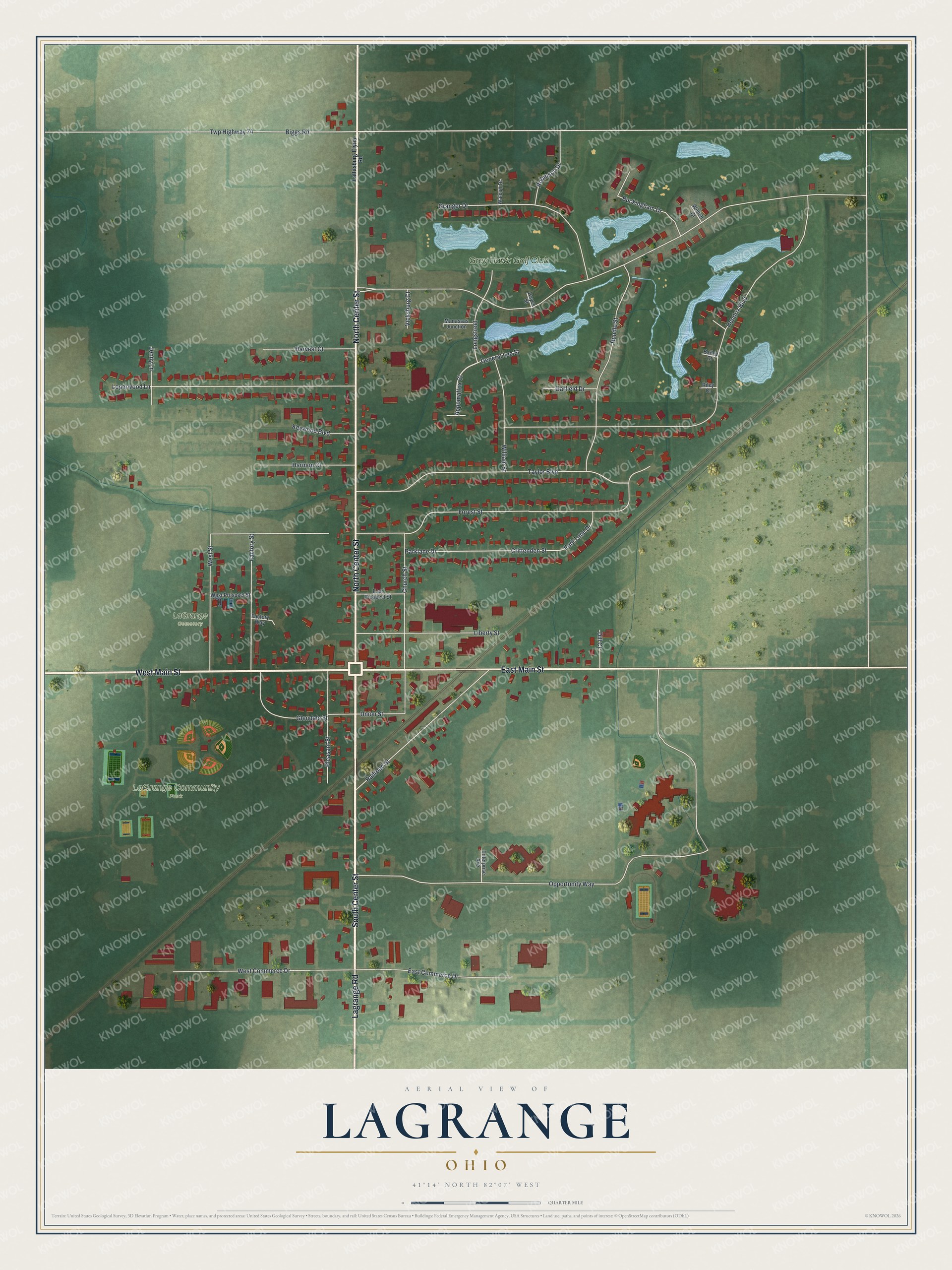 Full map of LaGrange, Ohio, with red buildings, printed street names and the land around them