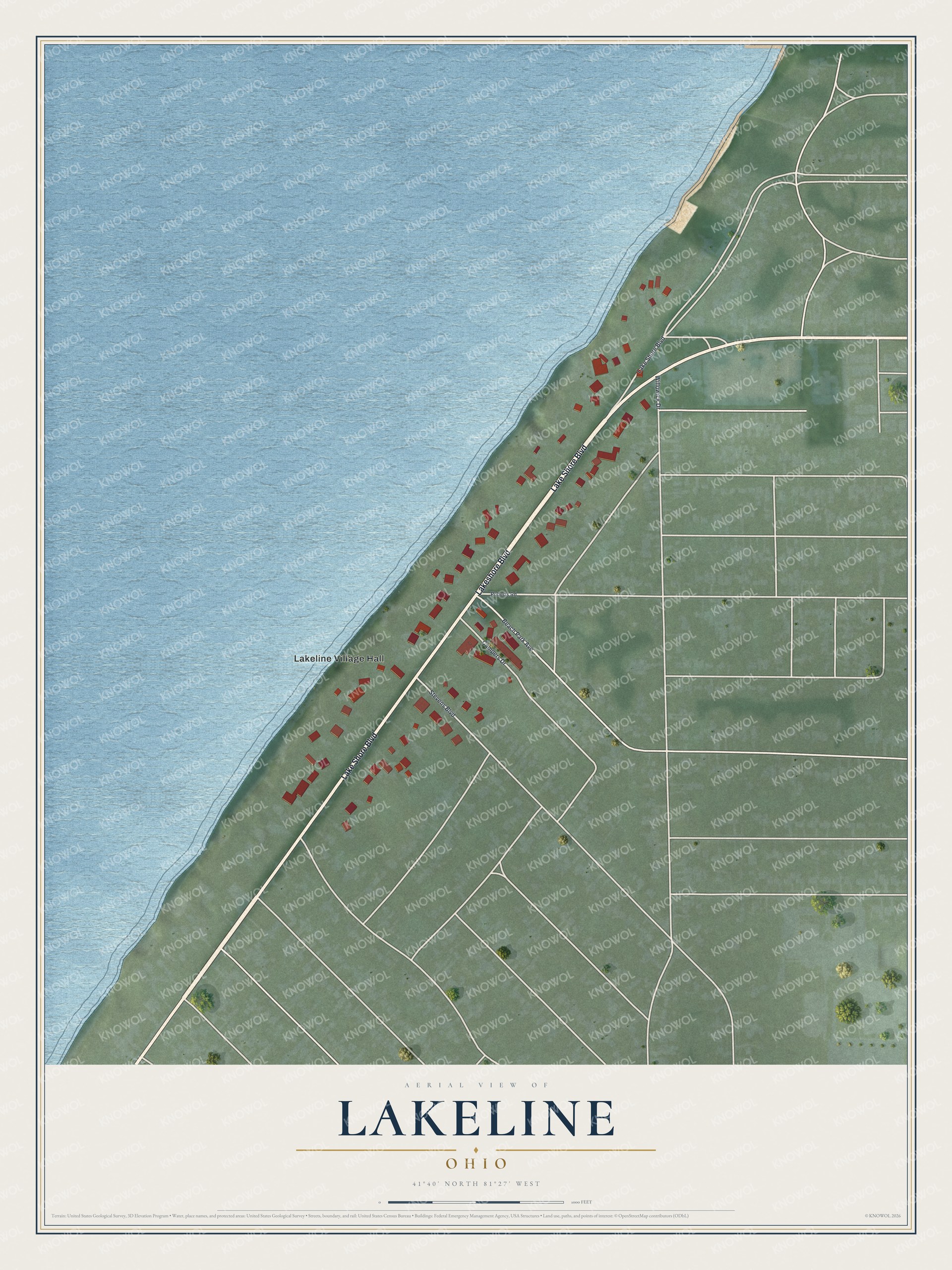 Full map of Lakeline, Ohio, with red buildings, printed street names and the land around them