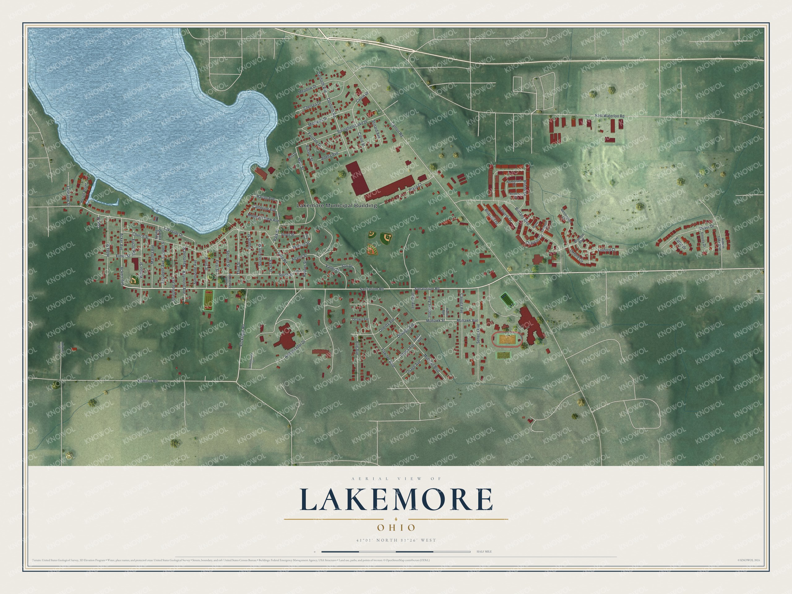 Full map of Lakemore, Ohio, with red buildings, printed street names and the land around them