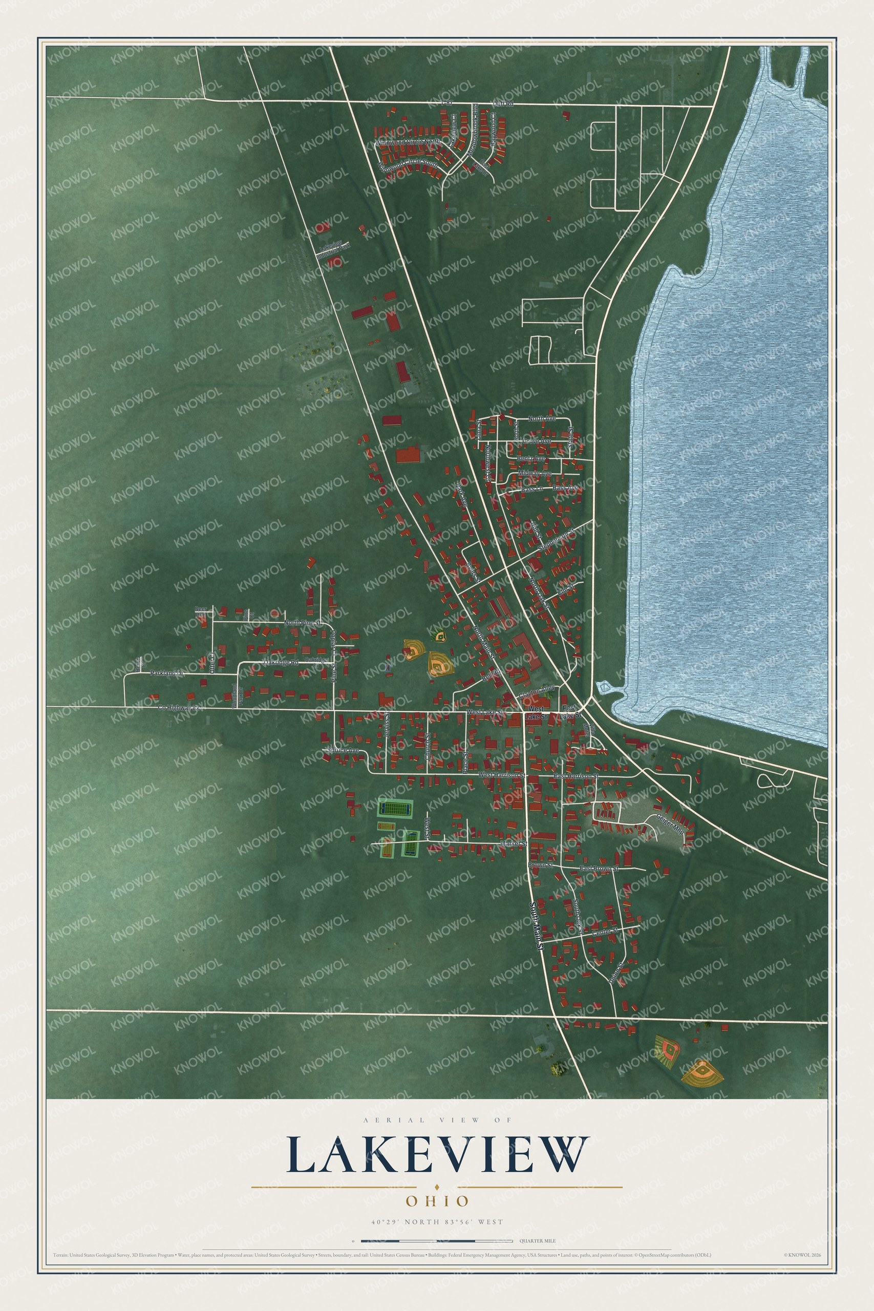 Full map of Lakeview, Ohio, with red buildings, printed street names and the land around them
