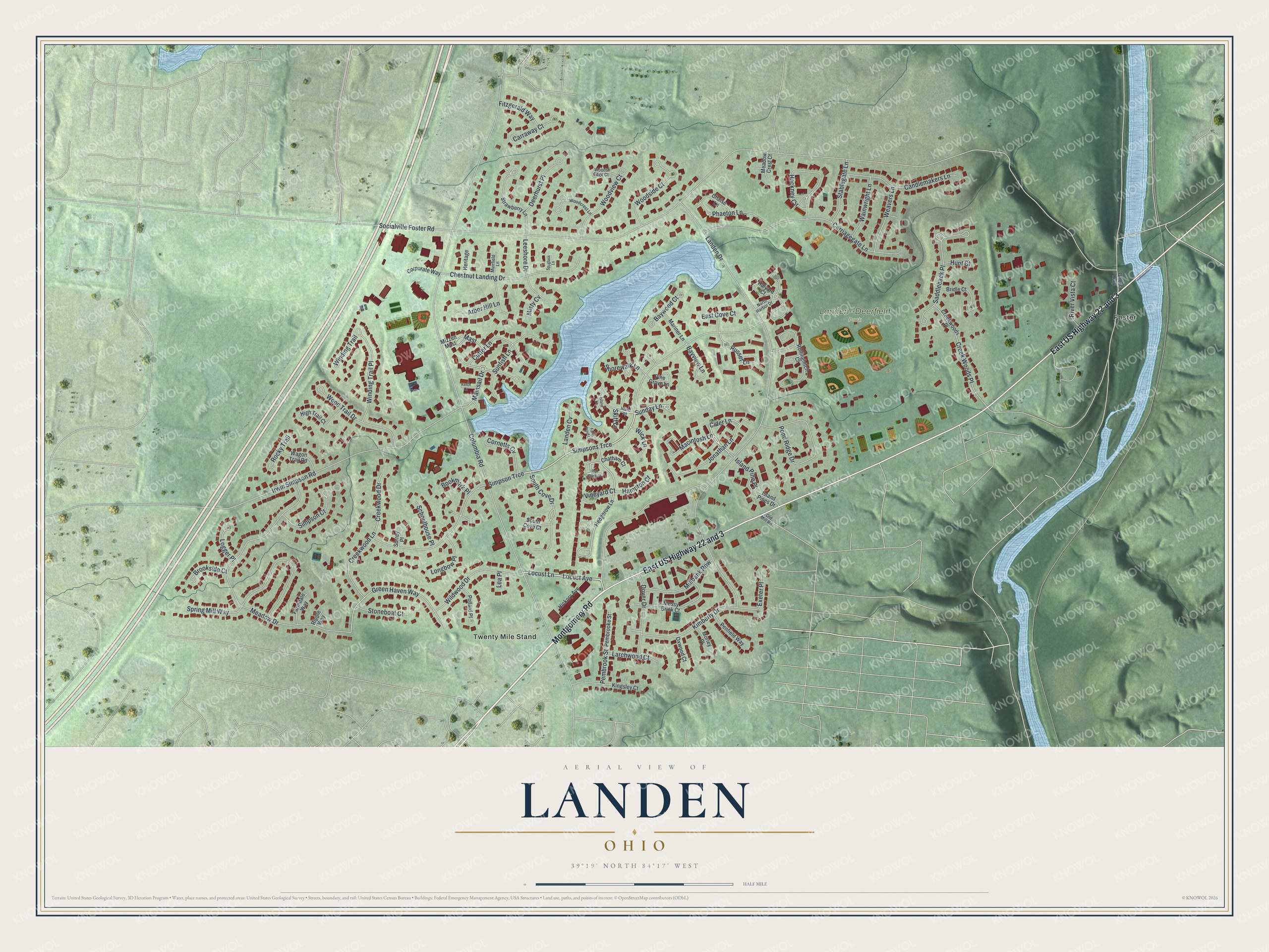Full map of Landen, Ohio, with red buildings, printed street names and the land around them