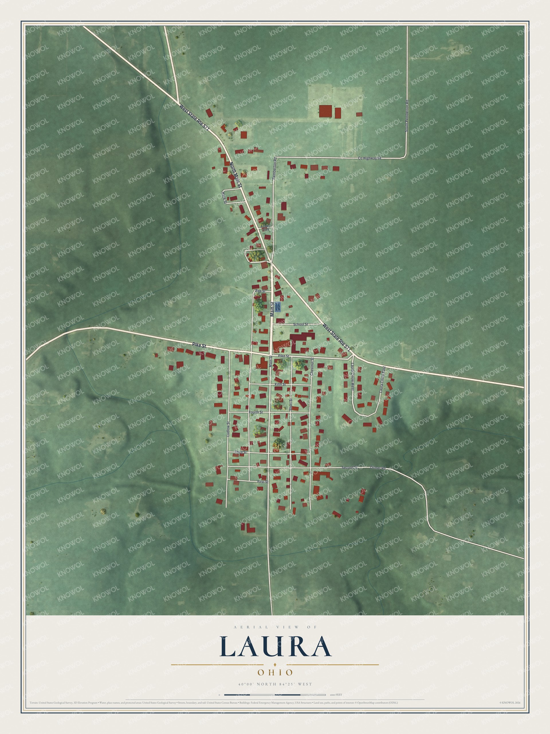 Full map of Laura, Ohio, with red buildings, printed street names and the land around them