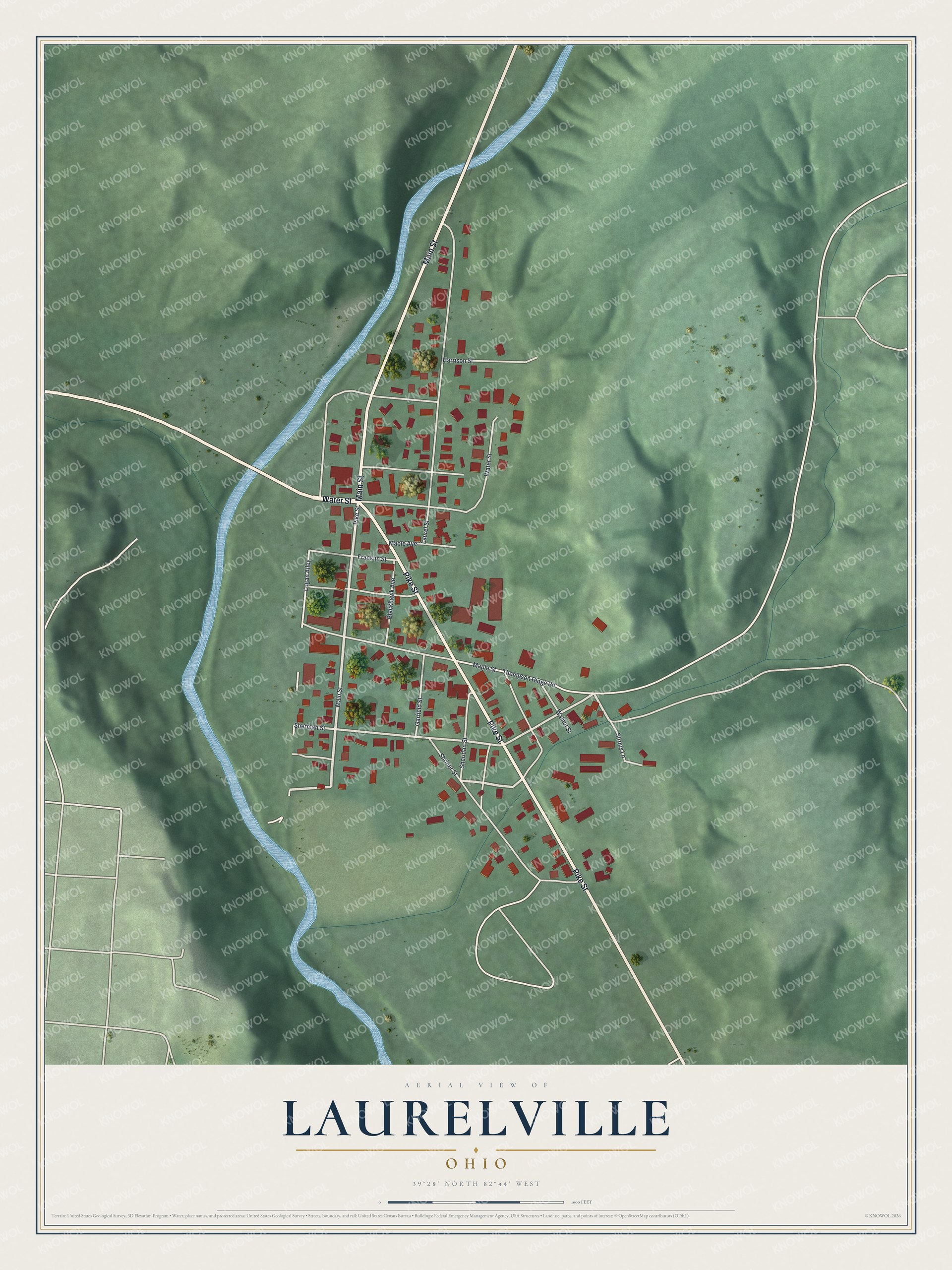 Full map of Laurelville, Ohio, with red buildings, printed street names and the land around them