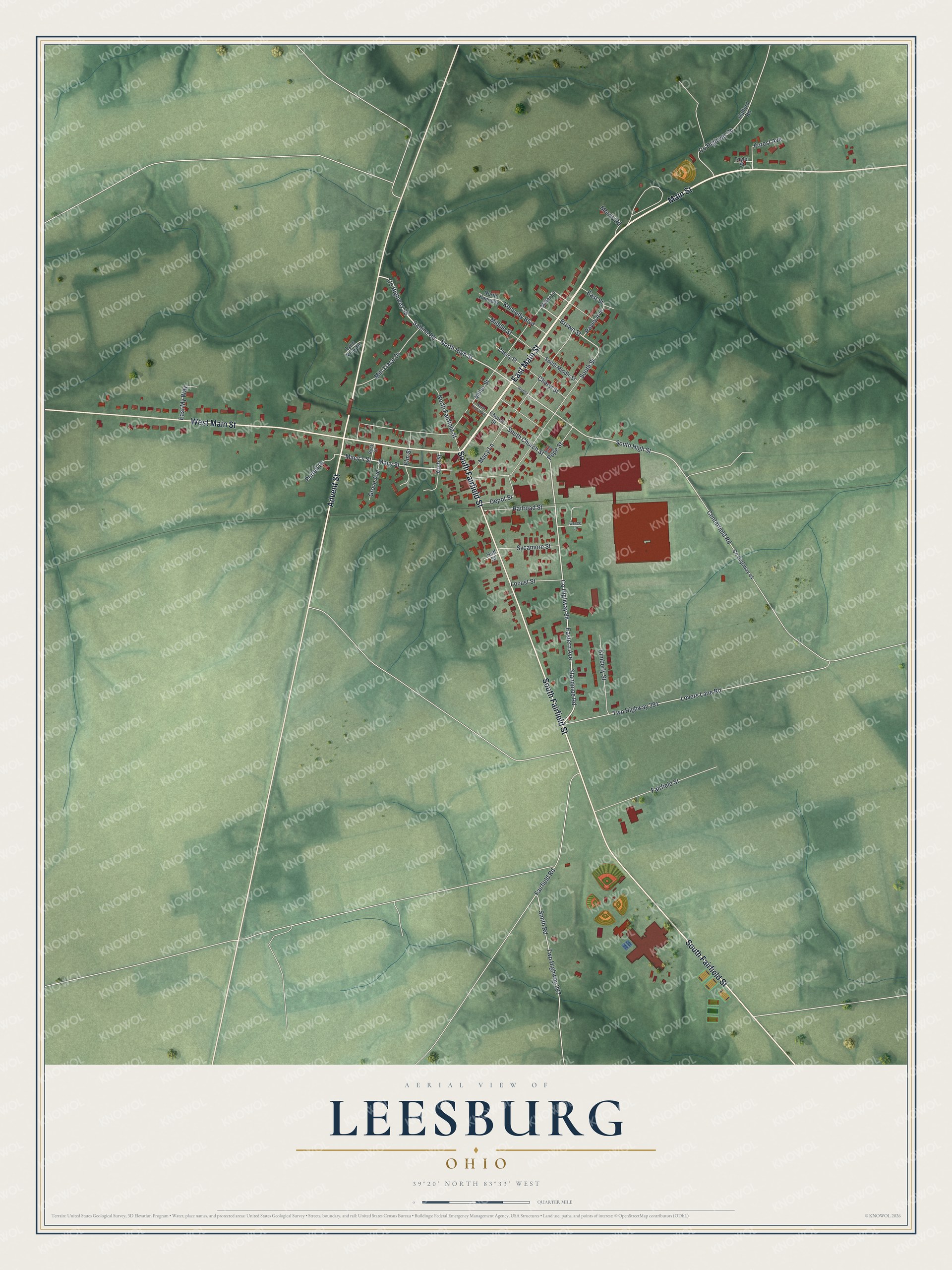 Full map of Leesburg, Ohio, with red buildings, printed street names and the land around them