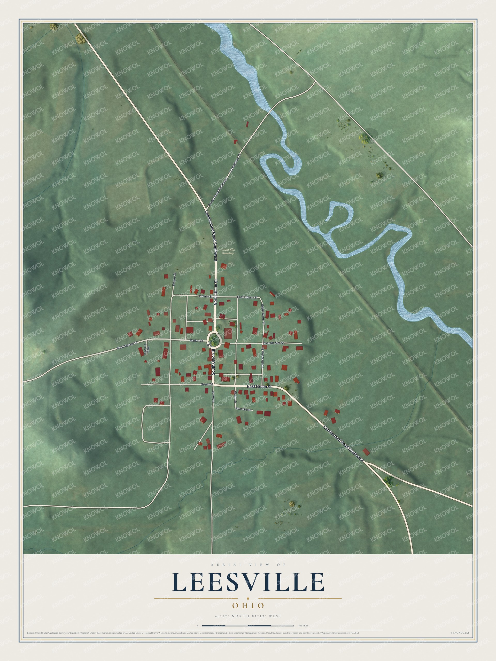Full map of Leesville, Ohio, with red buildings, printed street names and the land around them