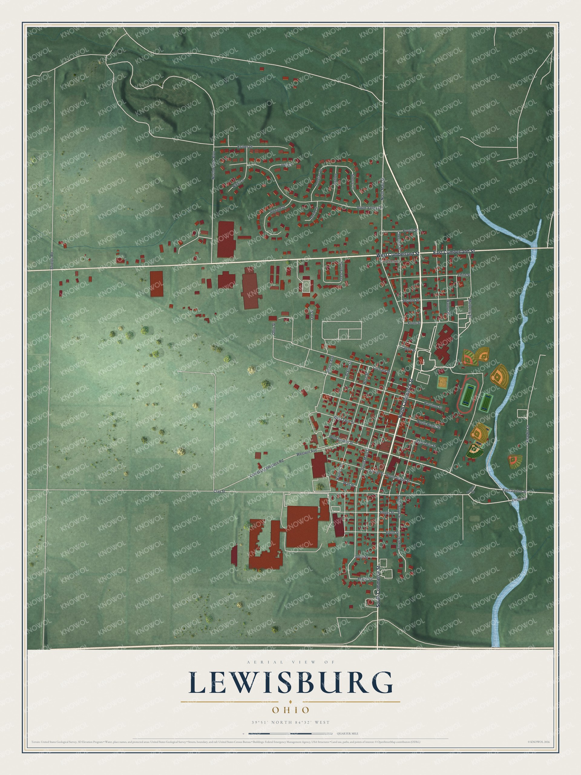 Full map of Lewisburg, Ohio, with red buildings, printed street names and the land around them