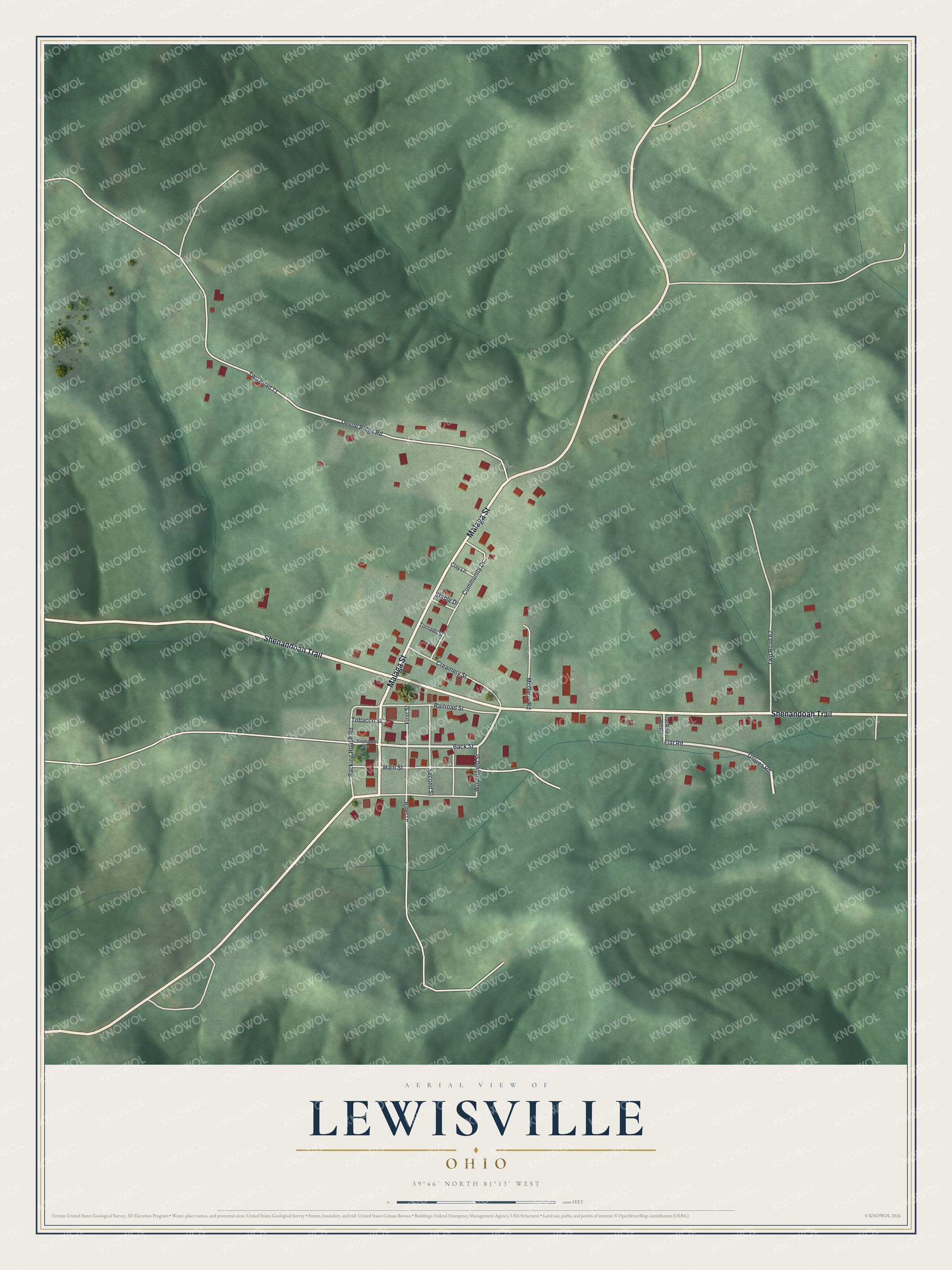 Full map of Lewisville, Ohio, with red buildings, printed street names and the land around them