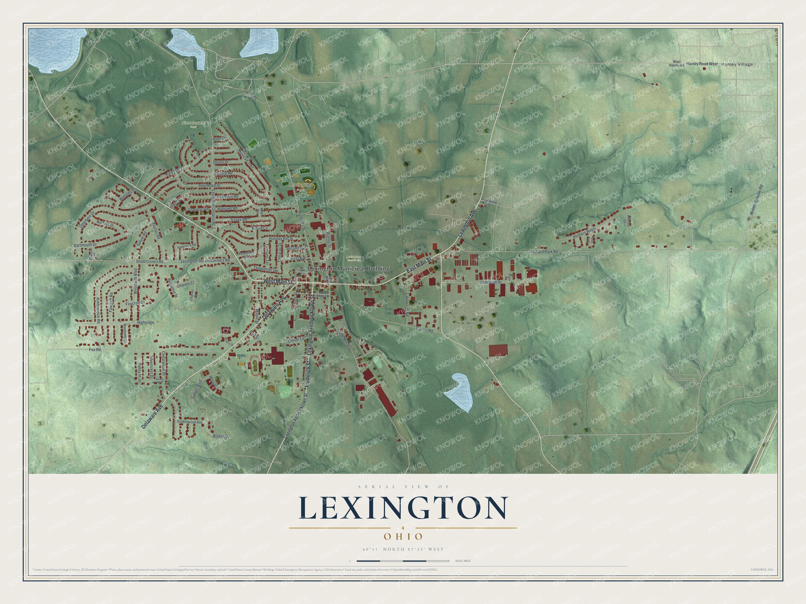 Full map of Lexington, Ohio, with red buildings, printed street names and the land around them