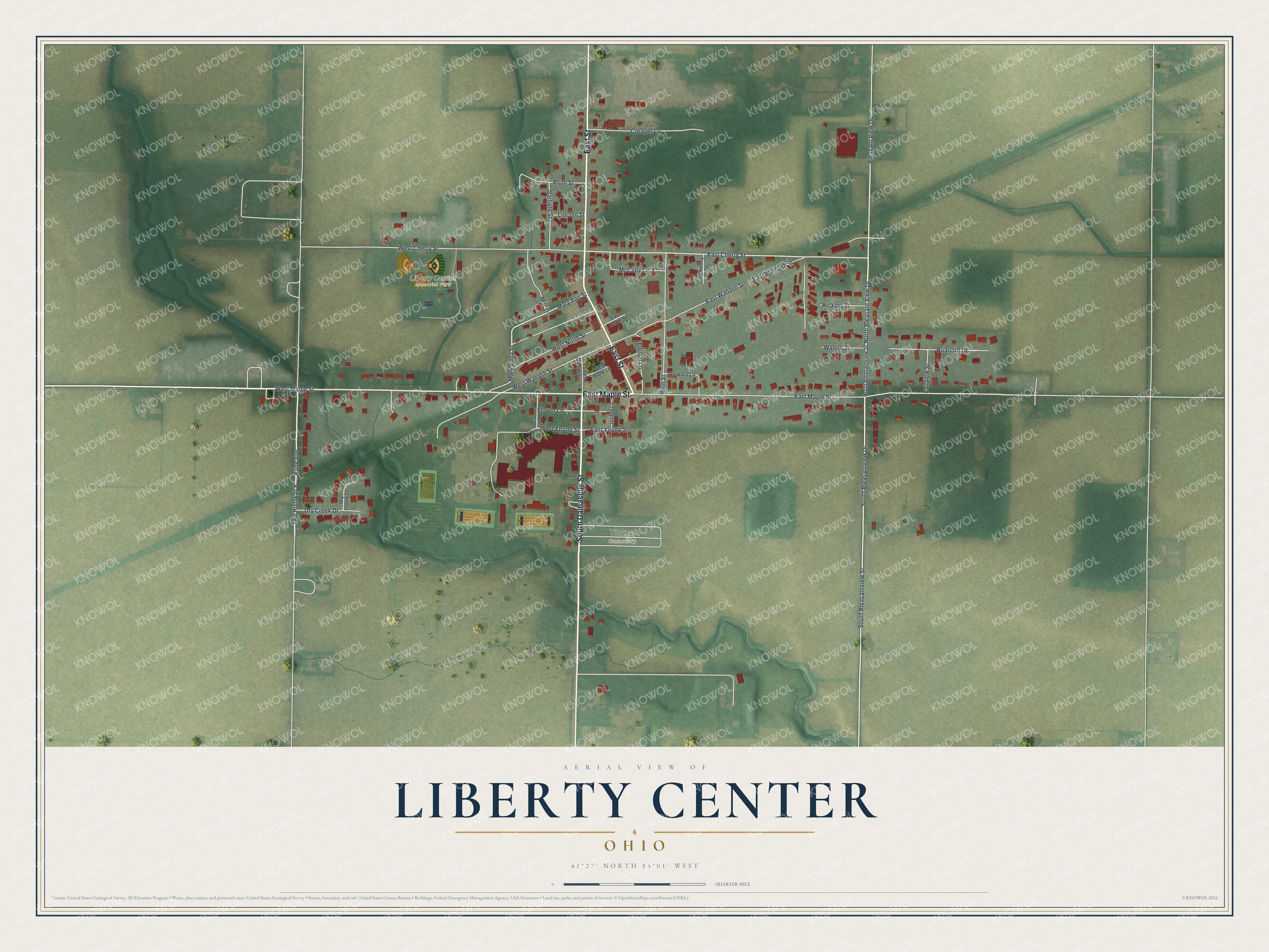 Full map of Liberty Center, Ohio, with red buildings, printed street names and the land around them