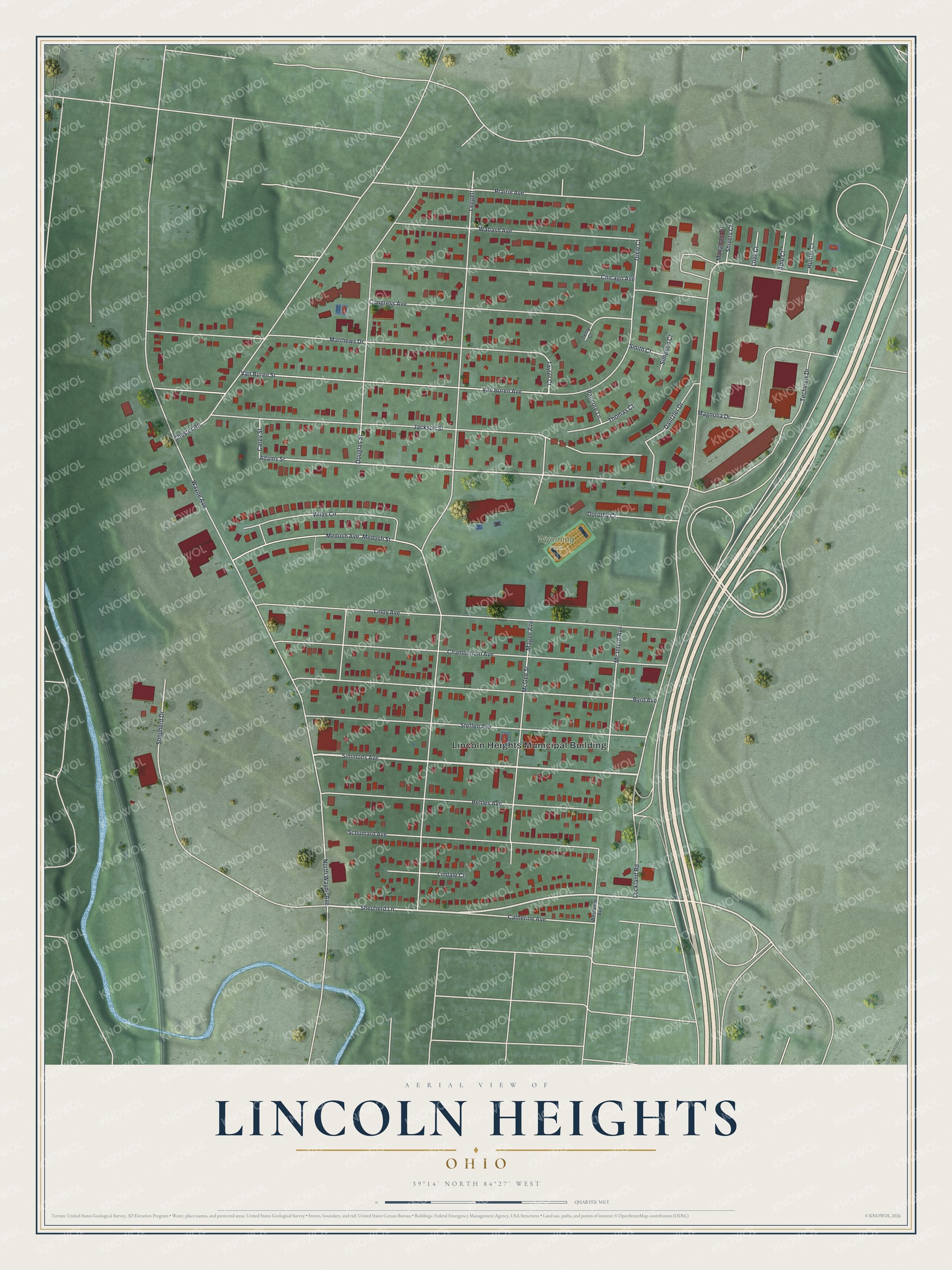 Full map of Lincoln Heights, Ohio, with red buildings, printed street names and the land around them