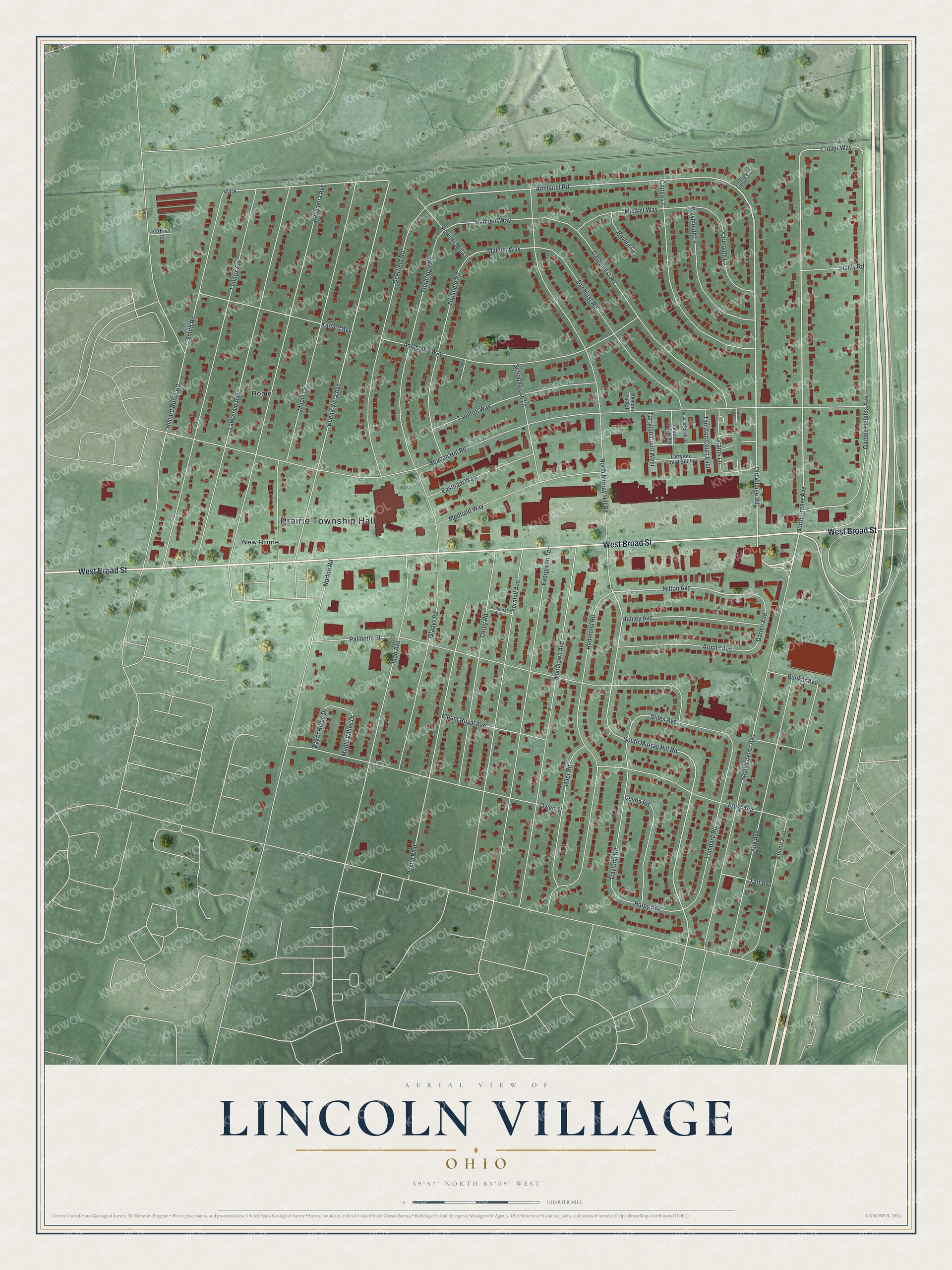 Full map of Lincoln Village, Ohio, with red buildings, printed street names and the land around them