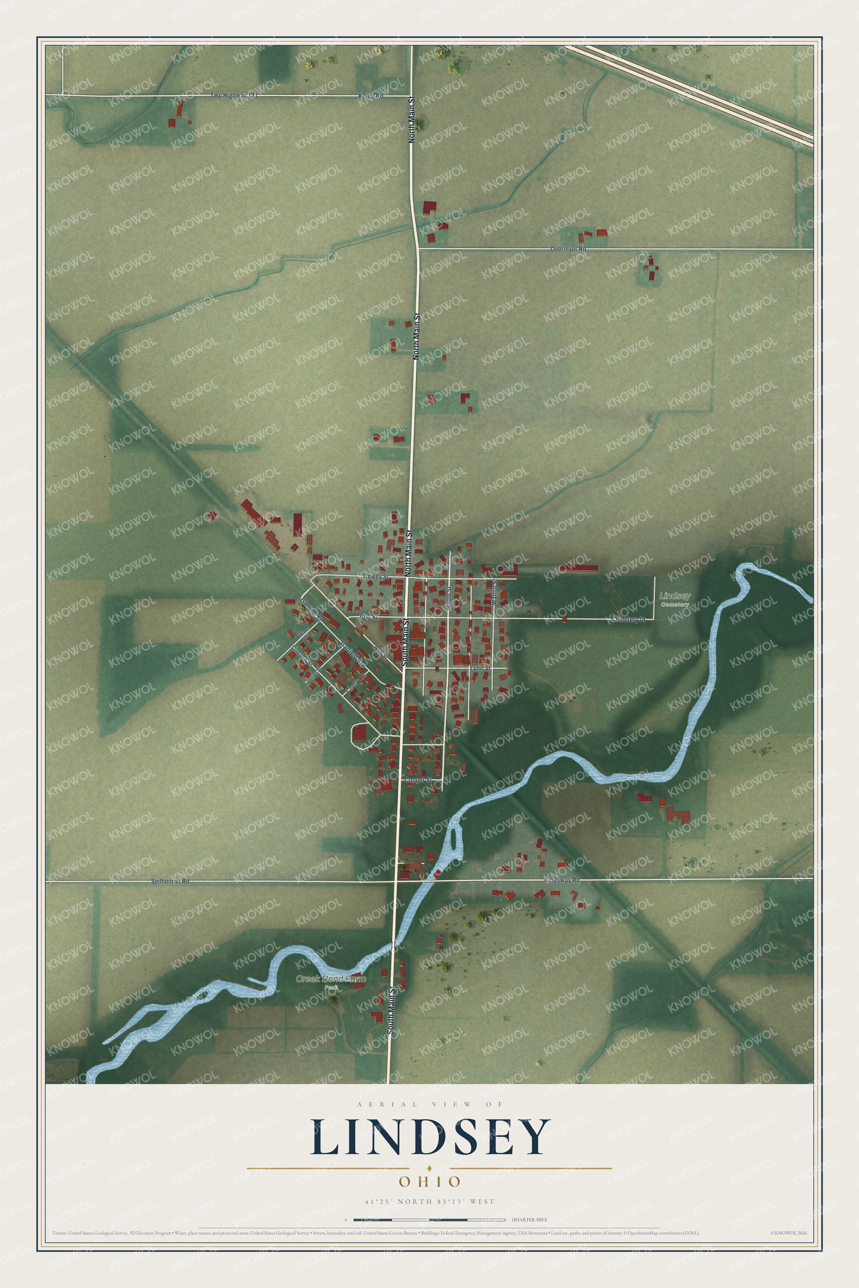 Full map of Lindsey, Ohio, with red buildings, printed street names and the land around them