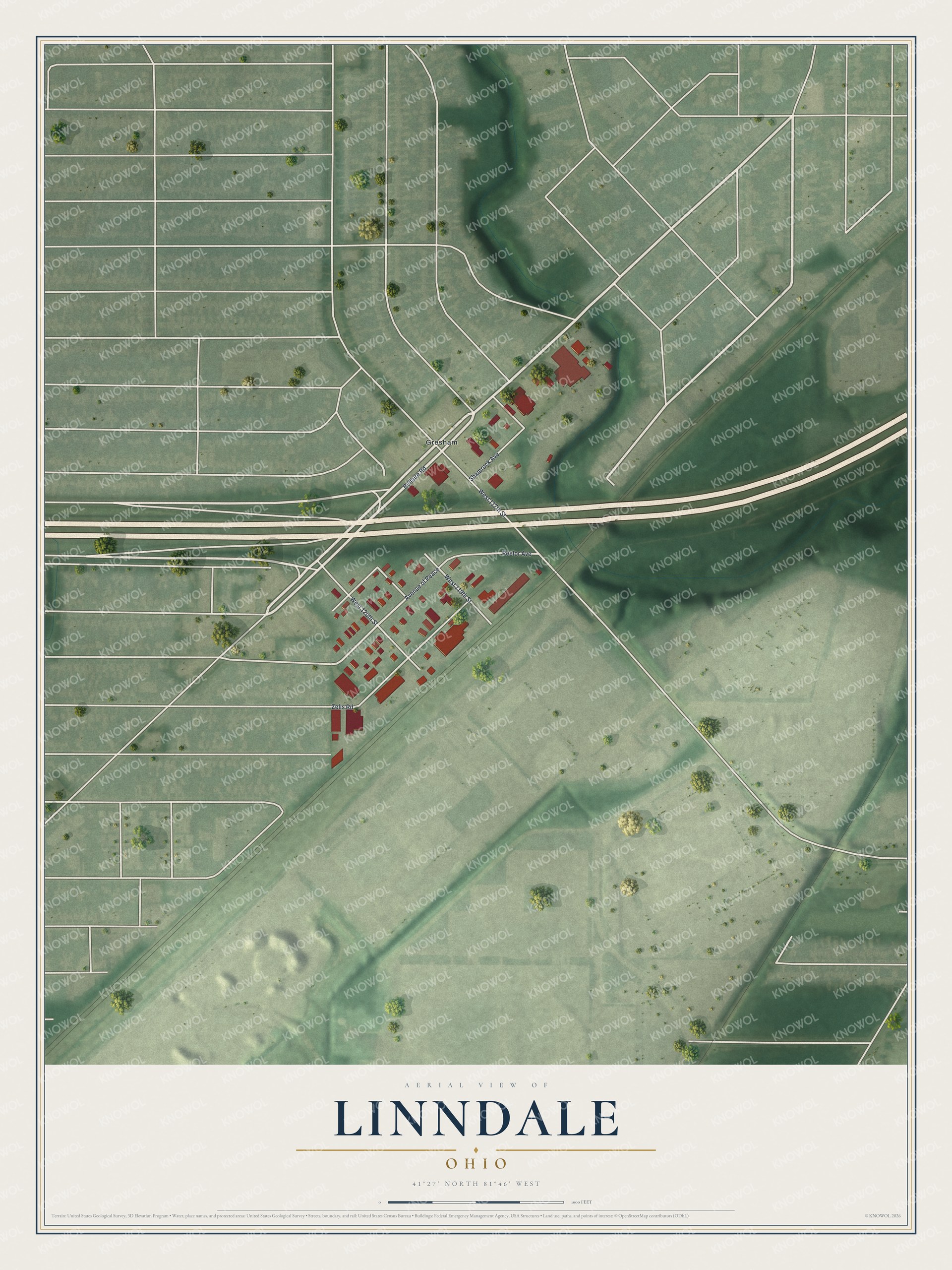 Full map of Linndale, Ohio, with red buildings, printed street names and the land around them