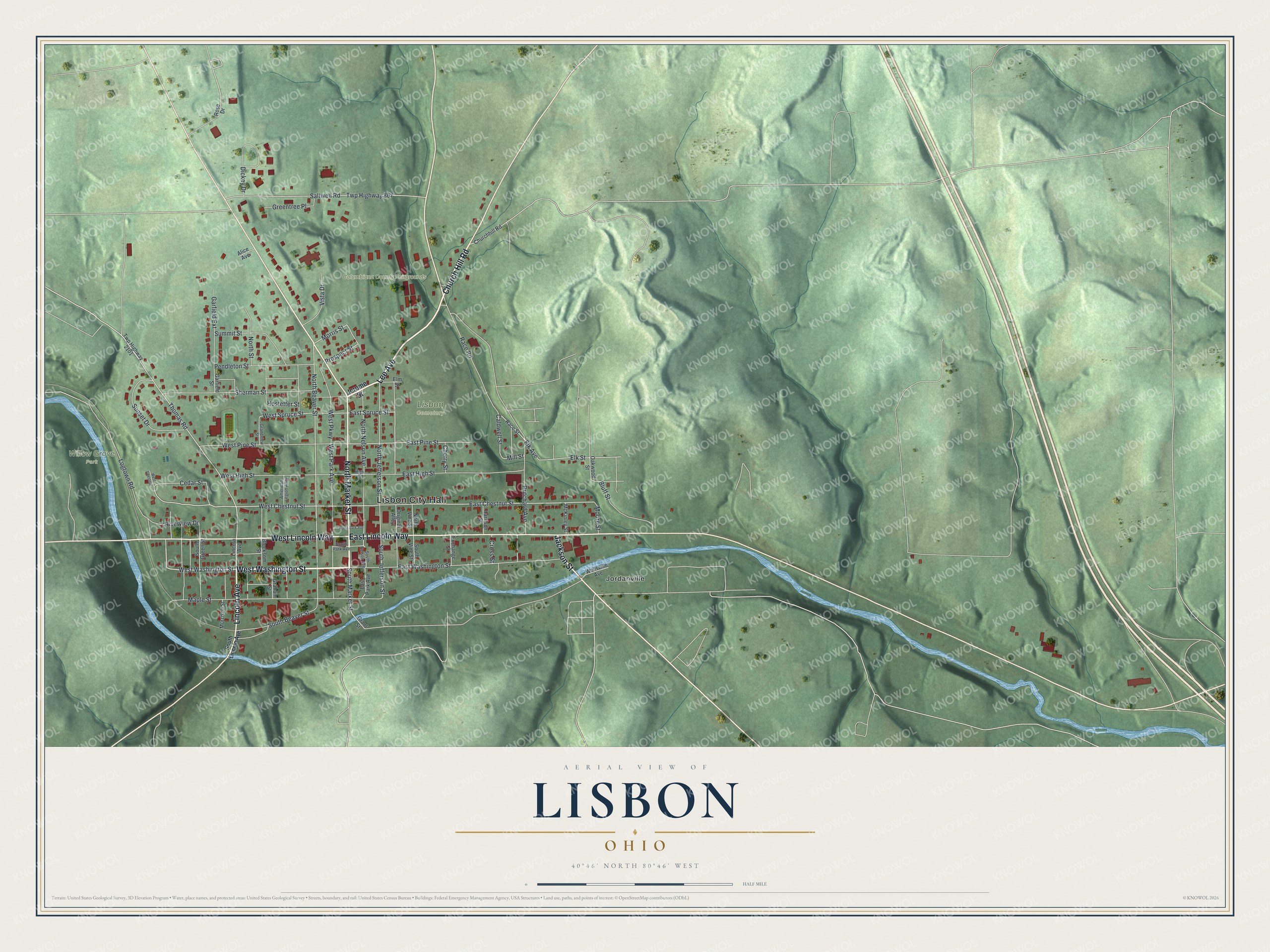 Full map of Lisbon, Ohio, with red buildings, printed street names and the land around them