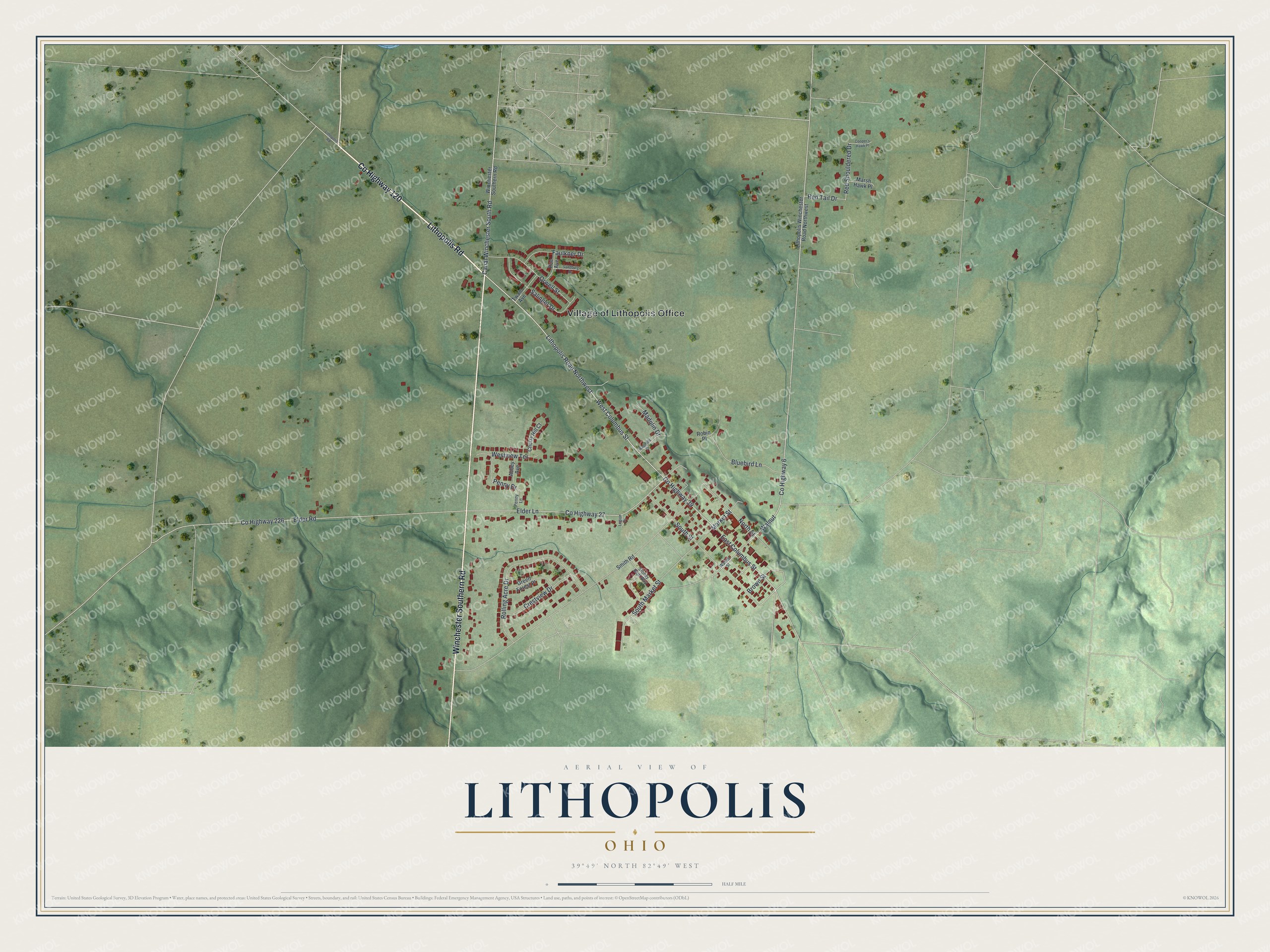 Full map of Lithopolis, Ohio, with red buildings, printed street names and the land around them