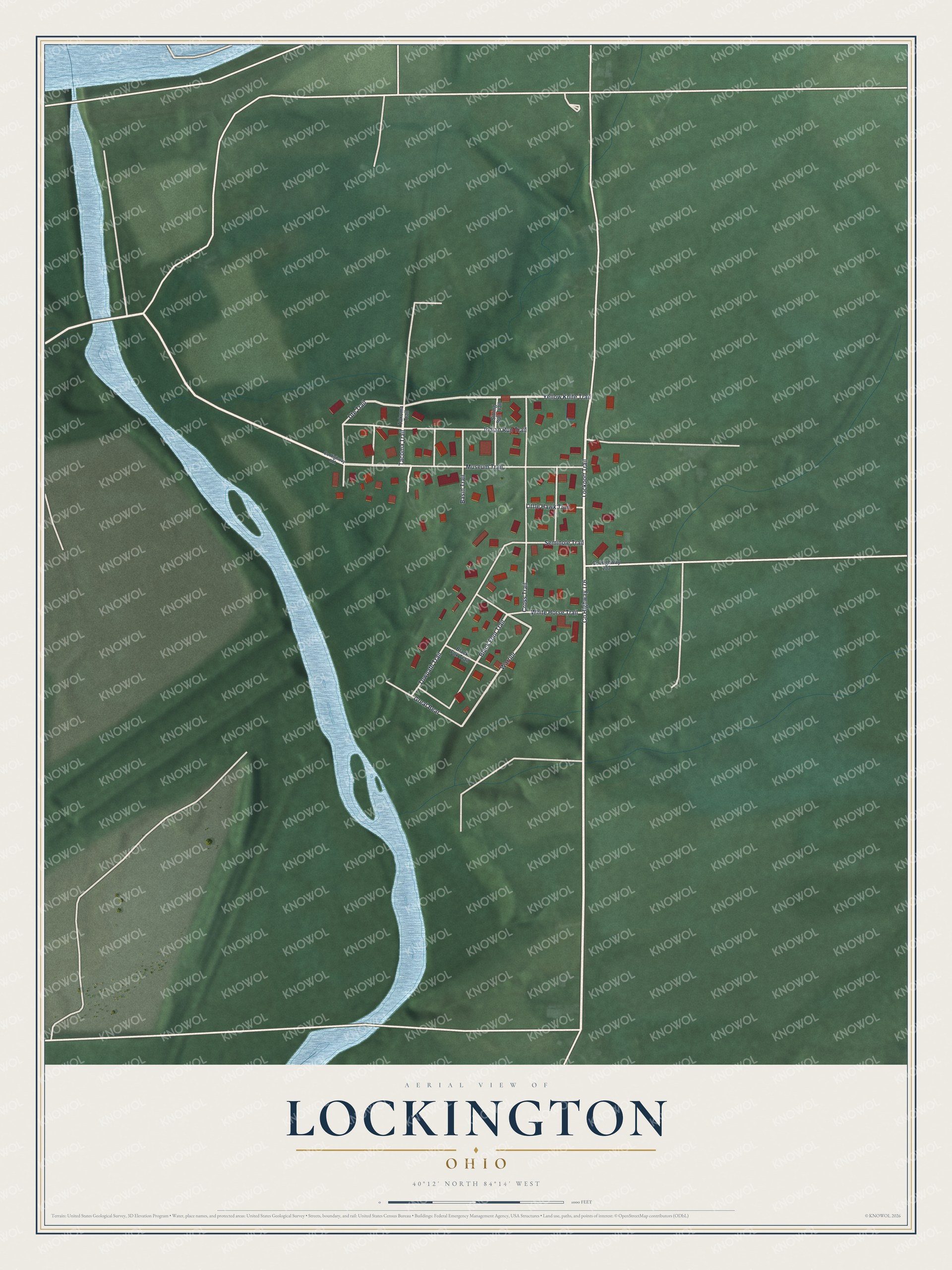 Full map of Lockington, Ohio, with red buildings, printed street names and the land around them