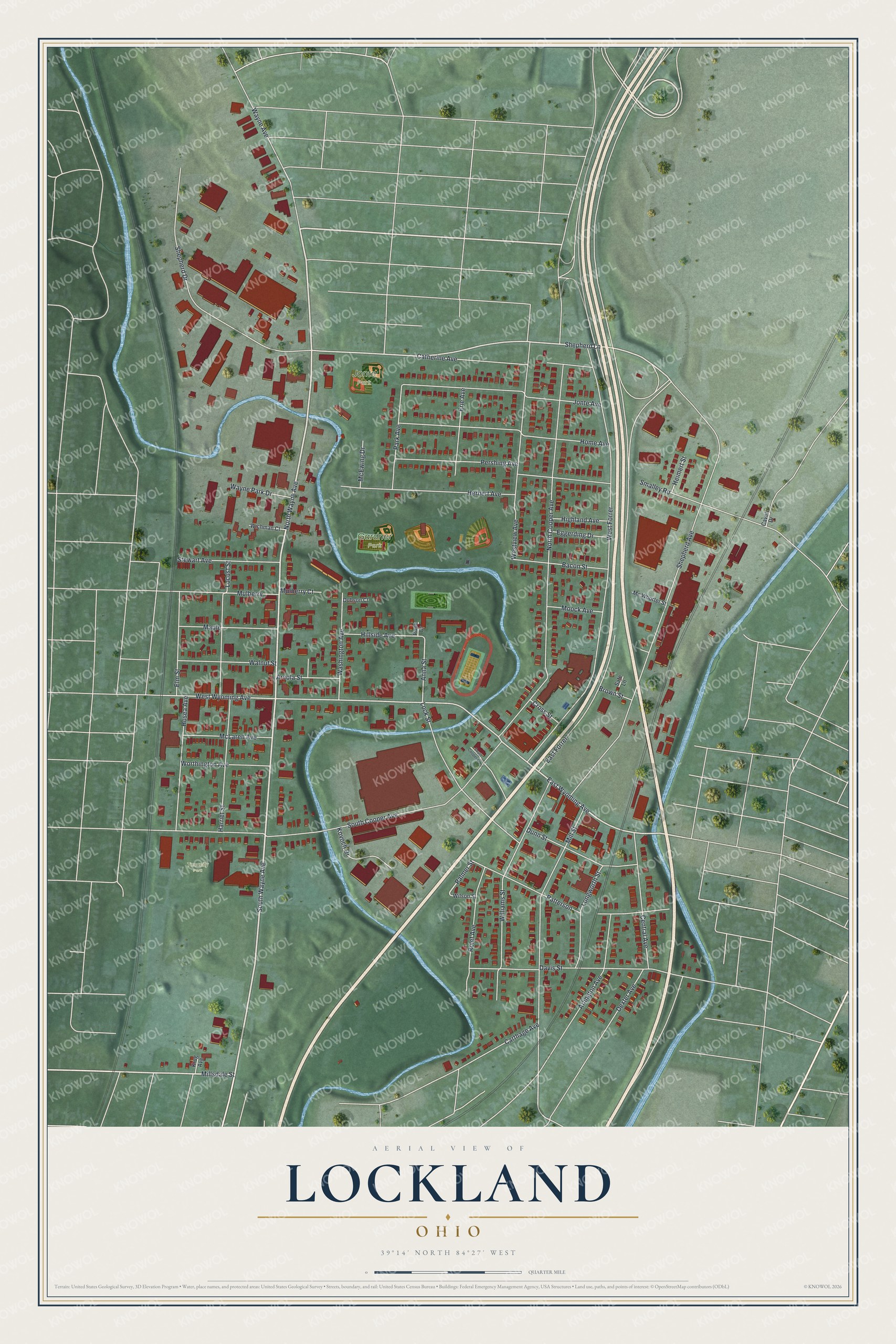 Full map of Lockland, Ohio, with red buildings, printed street names and the land around them