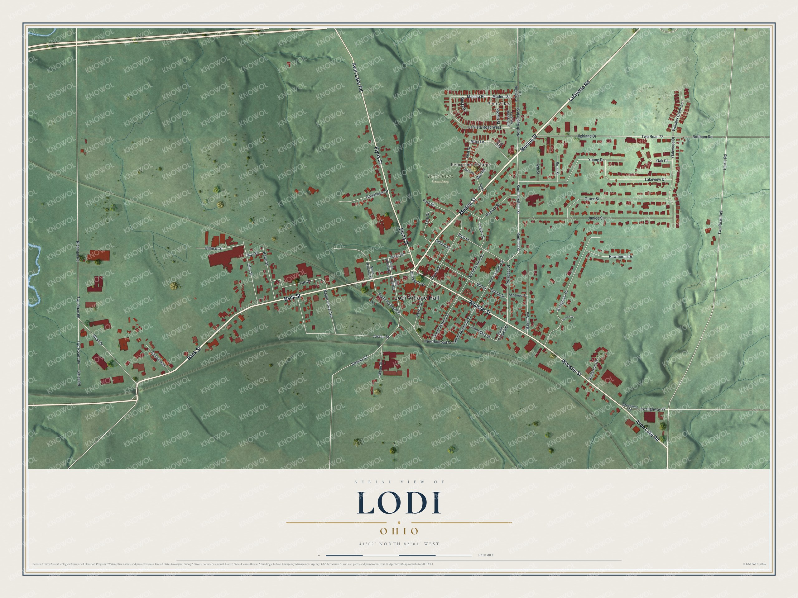 Full map of Lodi, Ohio, with red buildings, printed street names and the land around them