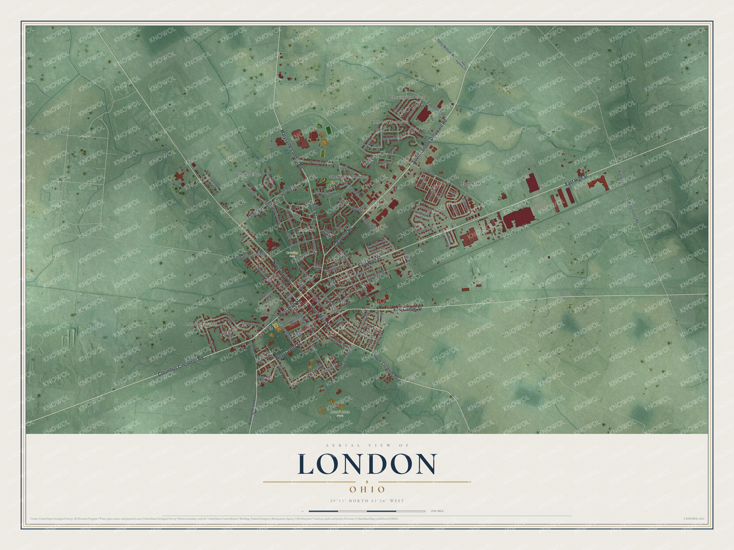 Full aerial map of London, Ohio, with red buildings, pale roads, green terrain, and a cream title panel below the town
