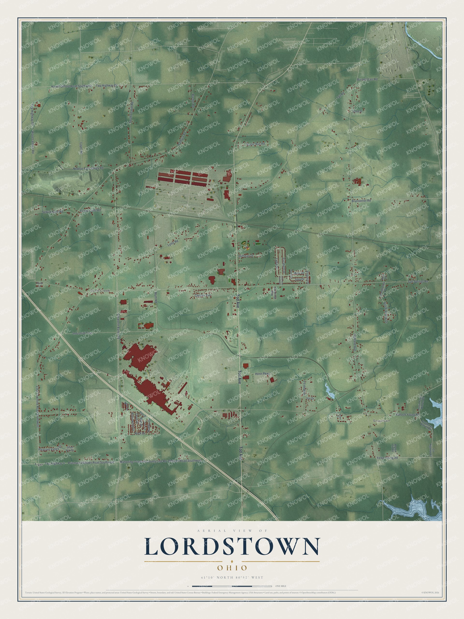 Full map of Lordstown, Ohio, with red buildings, printed street names and the land around them