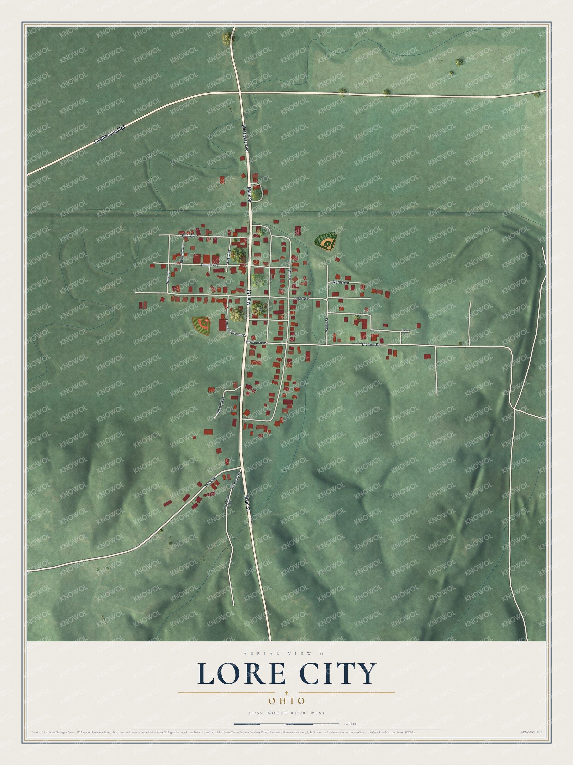 Full map of Lore City, Ohio, with red buildings, printed street names and the land around them