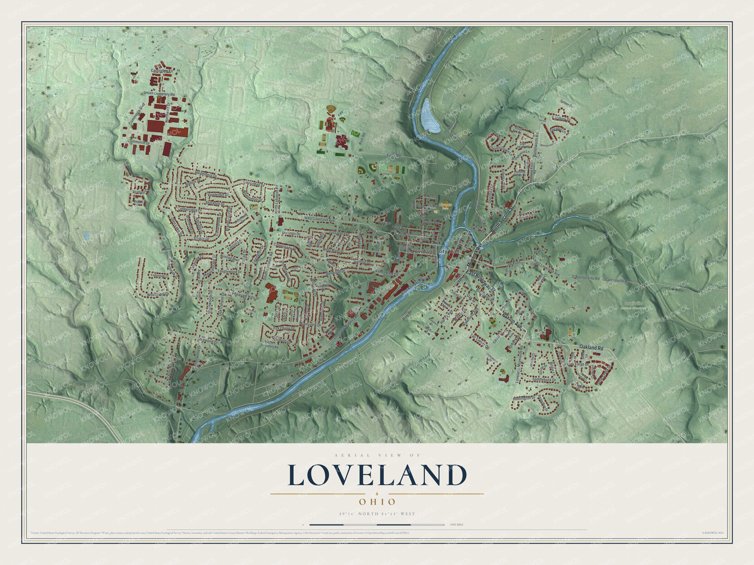 Full map of Loveland, Ohio, with red buildings, printed street names and the land around them