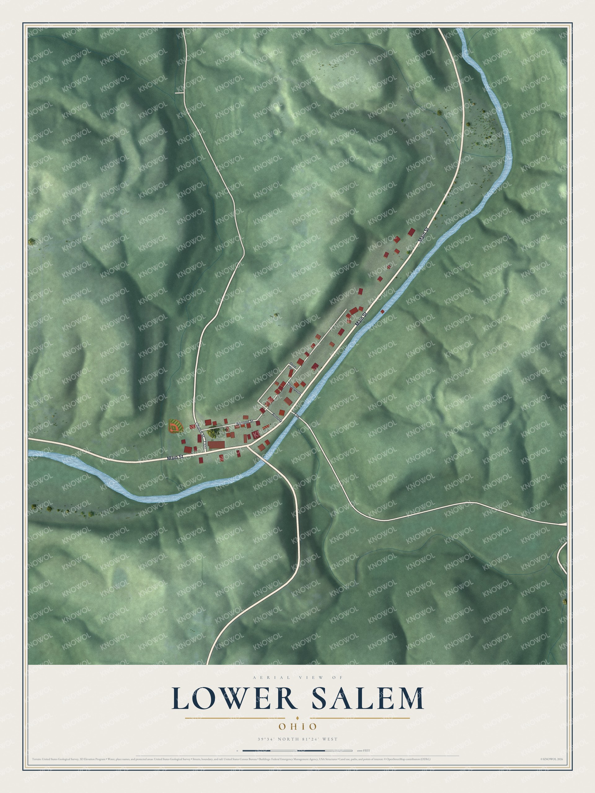 Full map of Lower Salem, Ohio, with red buildings, printed street names and the land around them