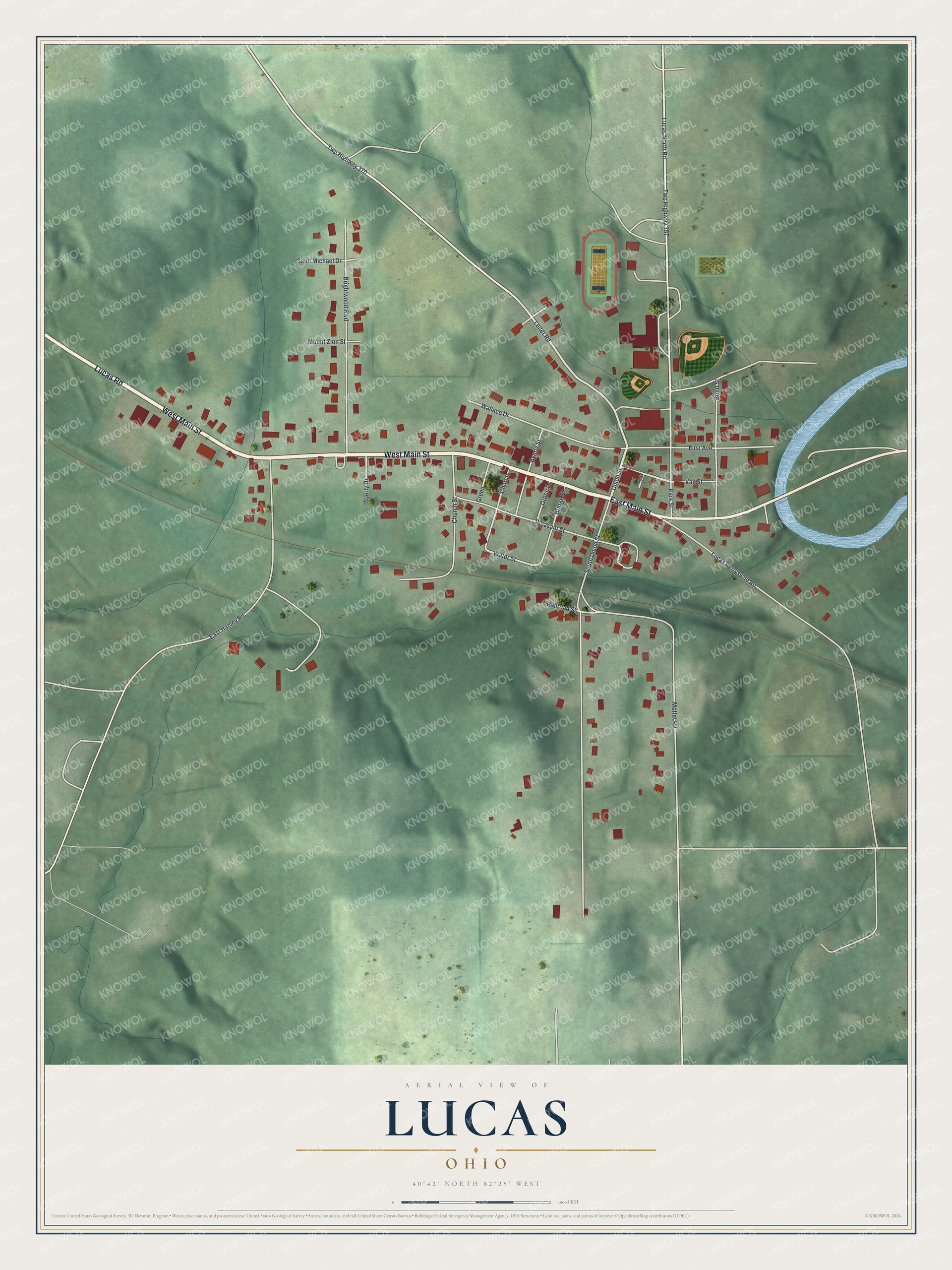 Full map of Lucas, Ohio, with red buildings, printed street names and the land around them