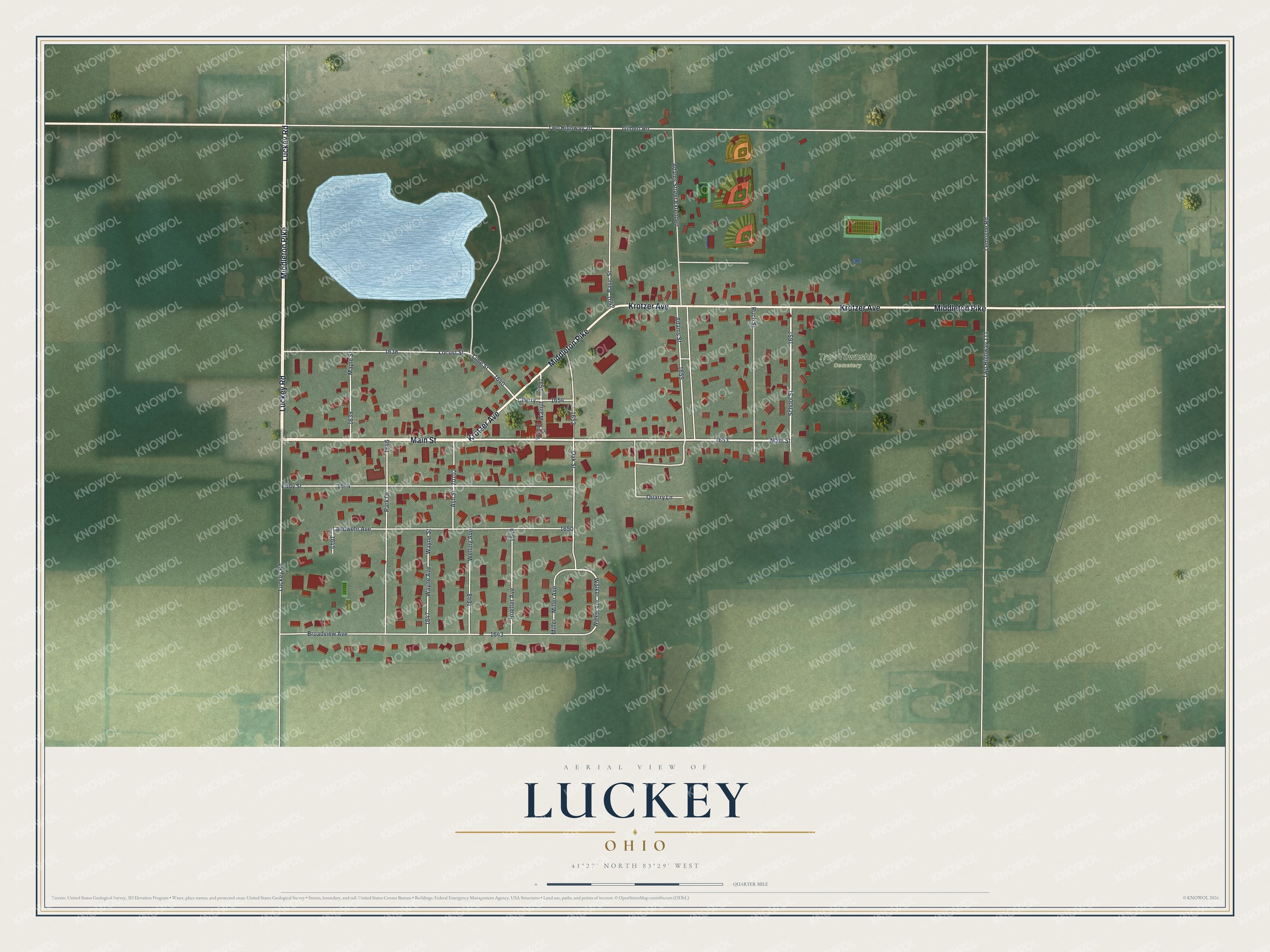 Full map of Luckey, Ohio, with red buildings, printed street names and the land around them