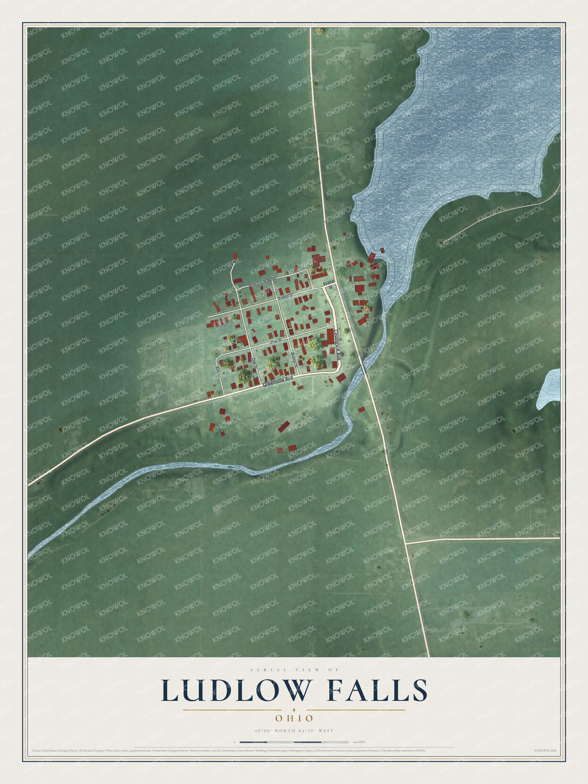 Full map of Ludlow Falls, Ohio, with red buildings, printed street names and the land around them