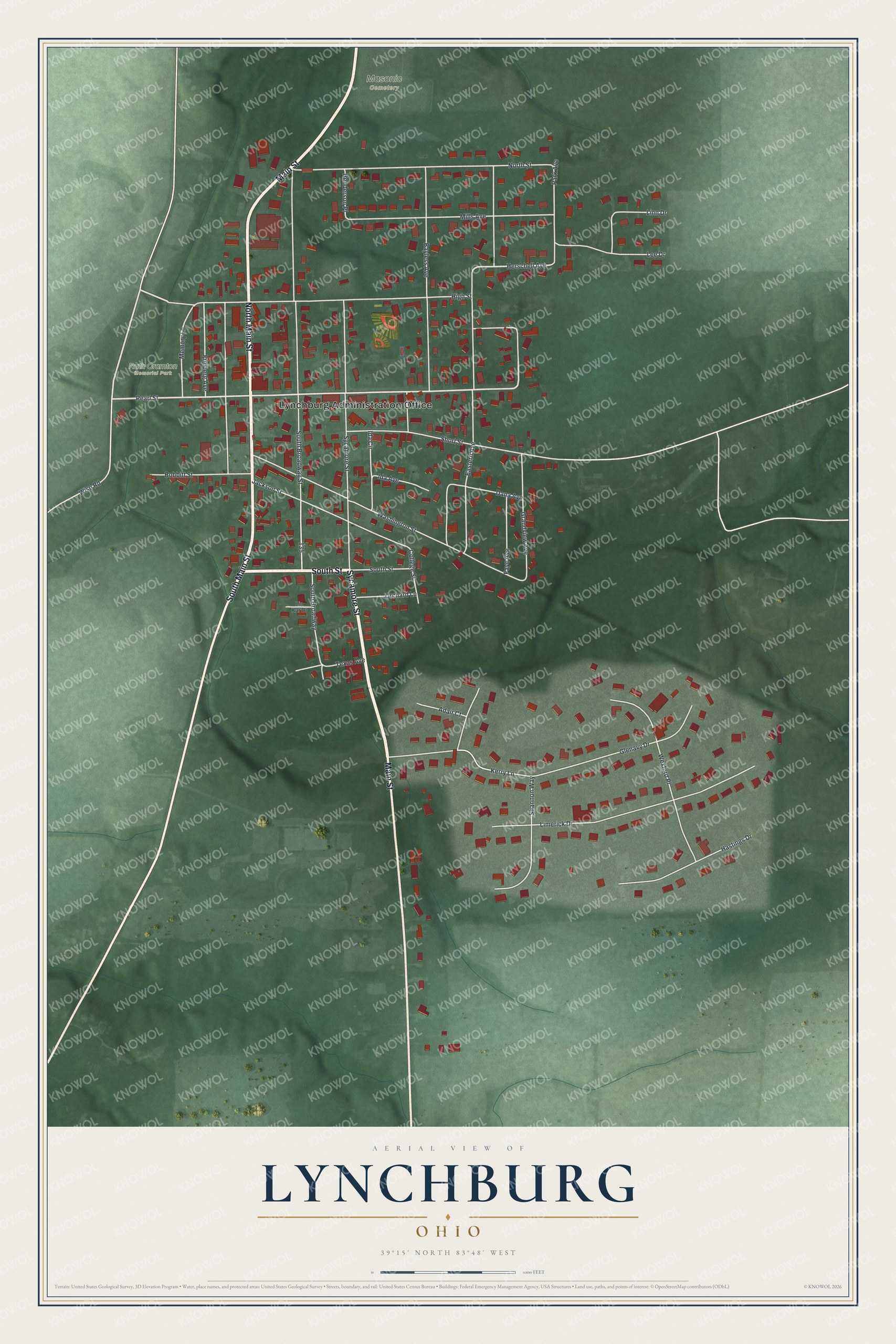 Full map of Lynchburg, Ohio, with red buildings, printed street names and the land around them