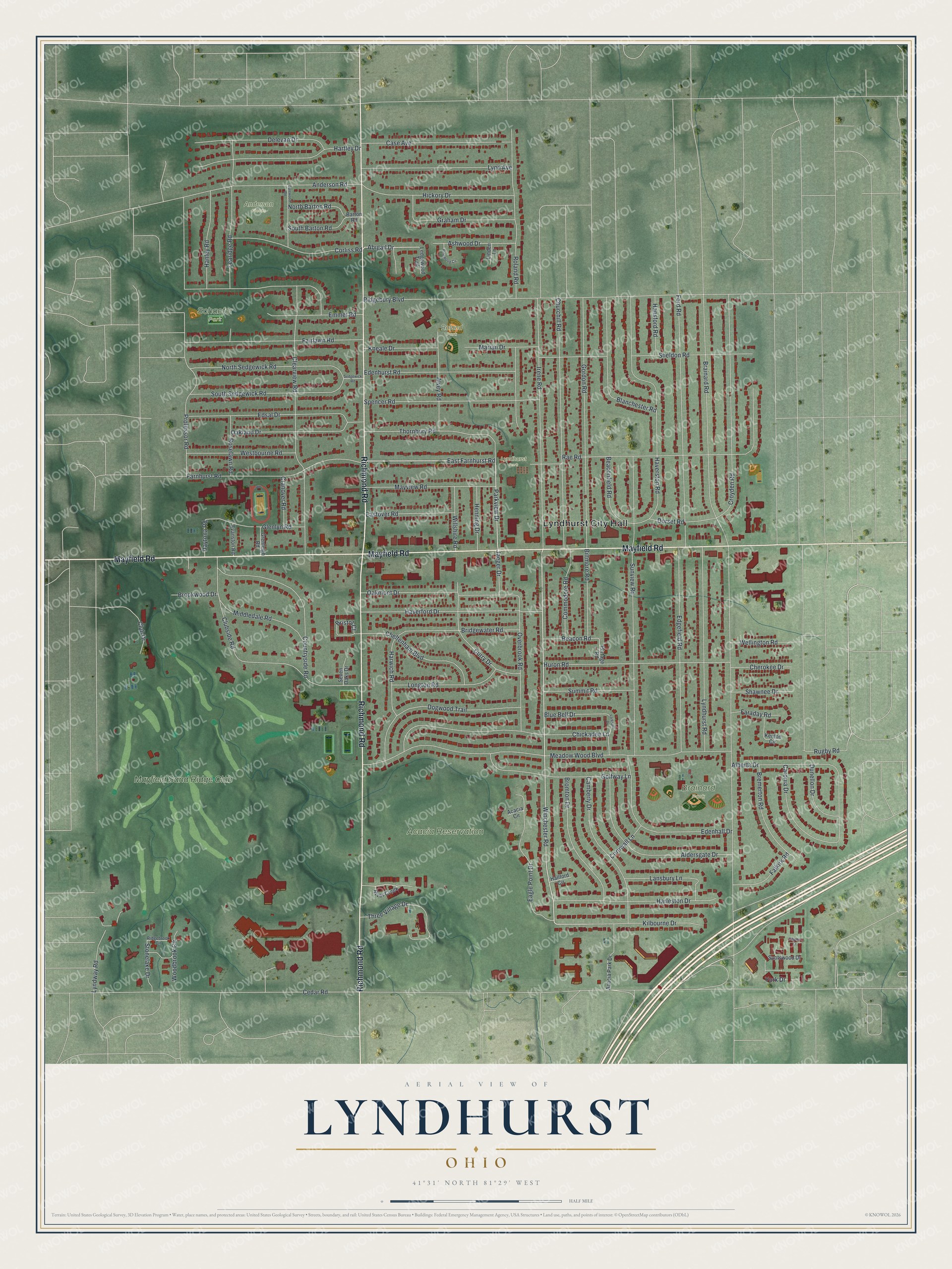 Full map of Lyndhurst, Ohio, with red buildings, printed street names and the land around them