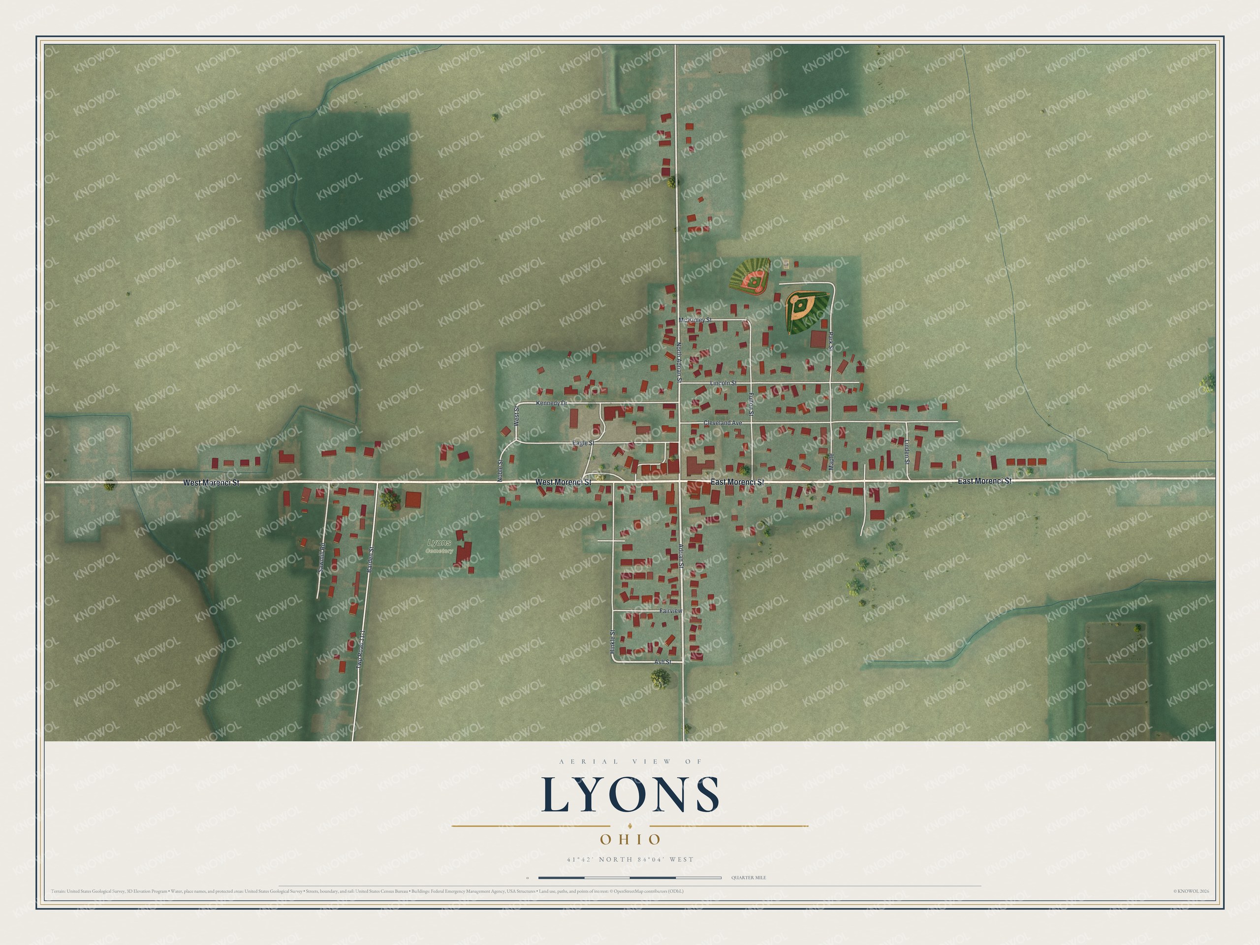 Full map of Lyons, Ohio, with red buildings, printed street names and the land around them